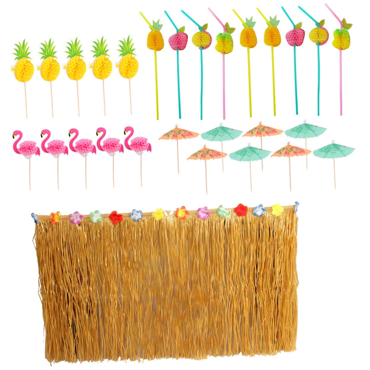 Baluue 1set Hawaiian Party Decorative Accessory Festival Straw Table Skirt Flamingo Pineapple Dessert Picks Fruit Straws Hibiscus Flowers Tropical Atmosphere for Memorable Gatherings