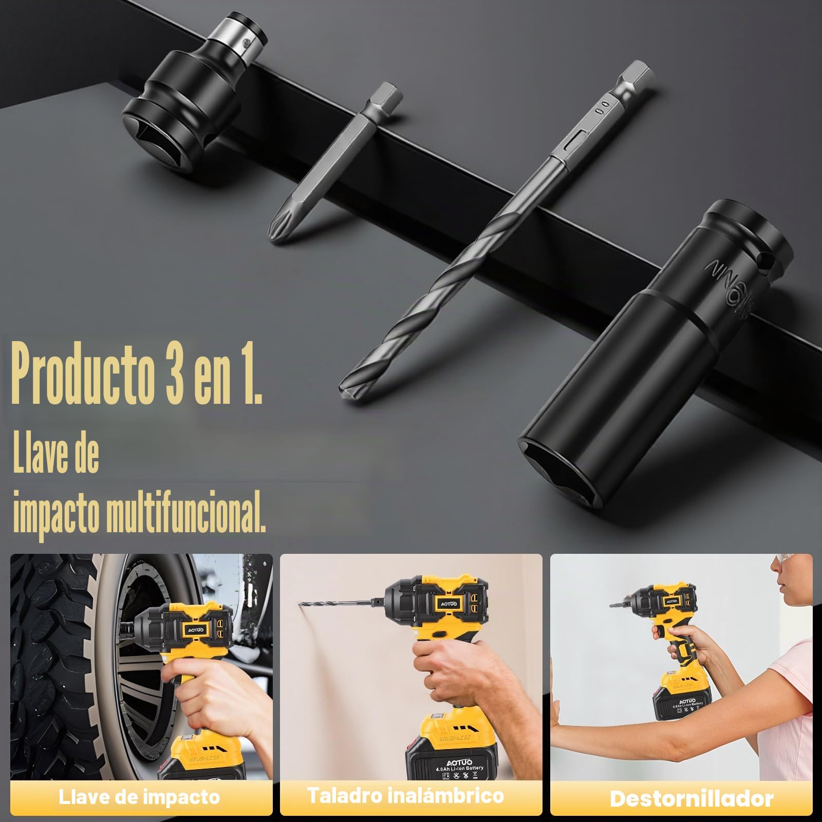 Llave de Impacto Inalámbrica , 400N.m 21V 3 en 1 Pistola de Impacto Brushless Parada Automática 2 Baterías 4.0Ah Atornillador y Taladro de Impacto de 1,6kg para Bricolaje y Muebles 29 Accesorios