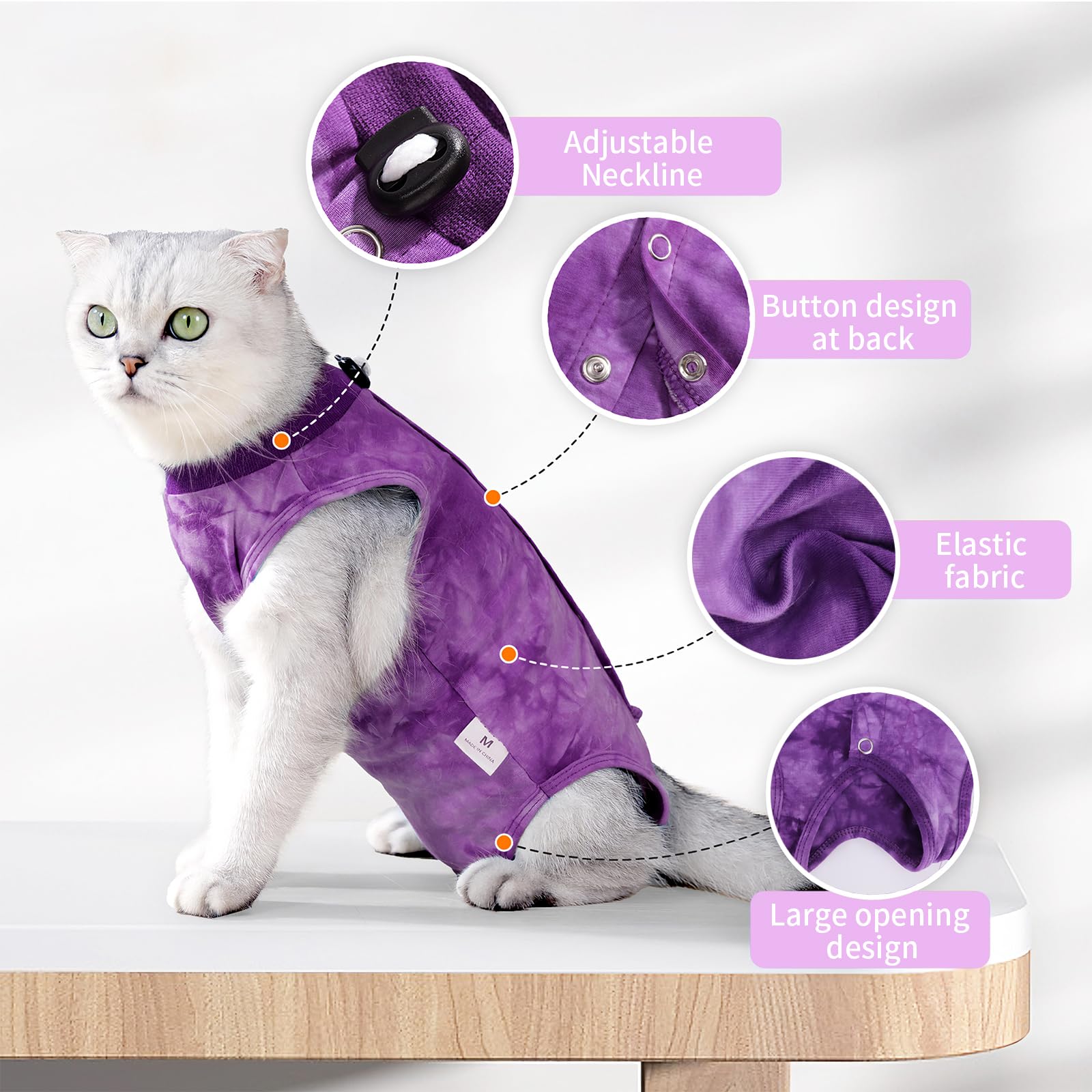 GOZINA Cat Recovery Suit, Anti-licking Cat Surgery Recovery Suit, Breathable Post-Surgery Onesie for Female Cats (Purple, M) - Image 3
