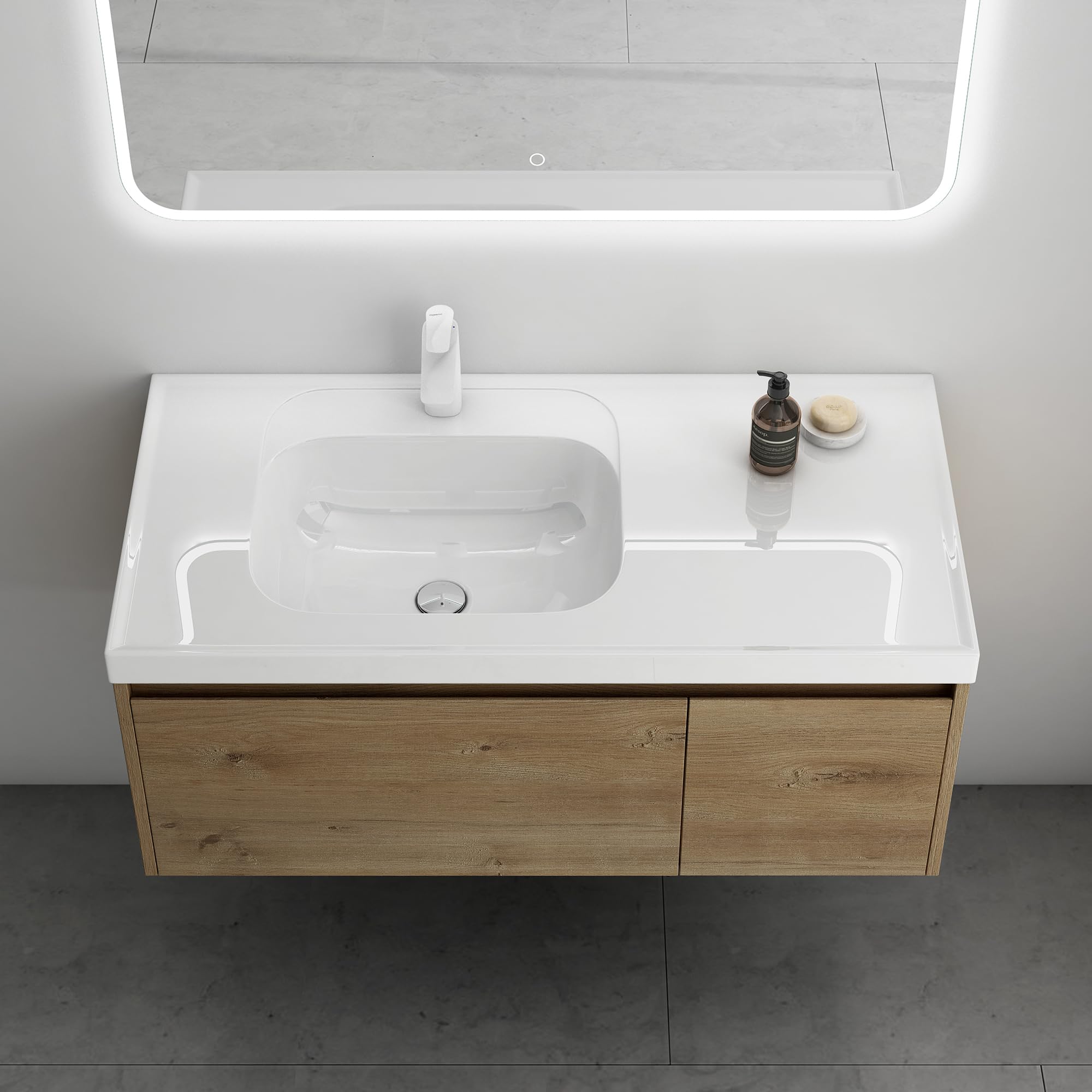 Mai & Mai Meuble de Salle de Bain Marron Clair avec Lavabo Meuble sous Vasque 100x50x40cm Meuble Suspendu avec Tiroir Salerno