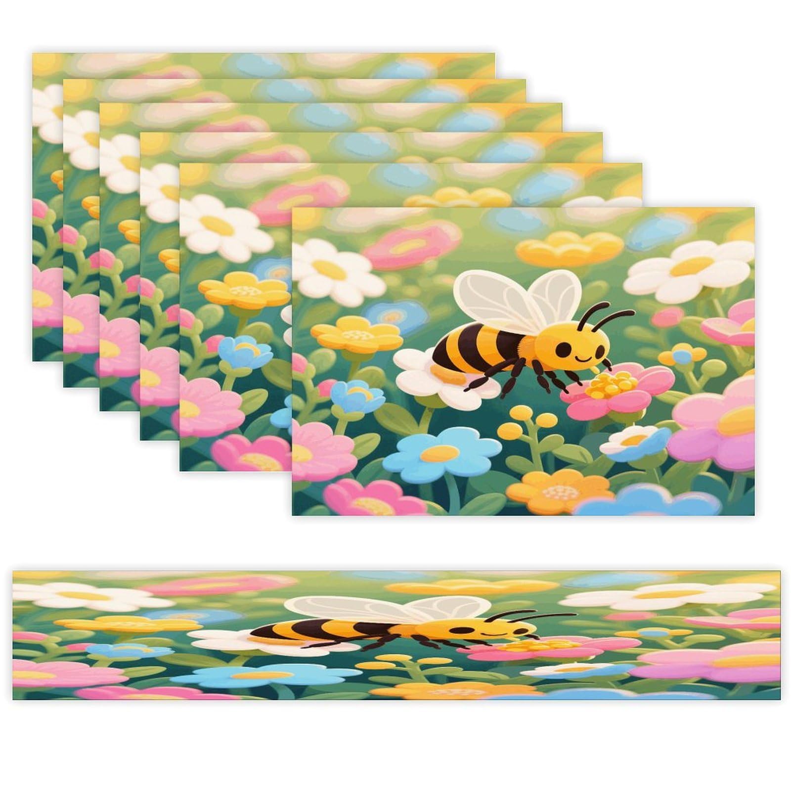 Bee Table Runner and Placemats Set of 7 Linen Table Mat Non-Slip Place Mats Washable Placemat Heat Resistant Place Mat with Table Runner for Party Dining Decor
