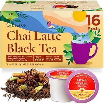 Gya Tea Co Caffeinated Chai Latte Black Tea Pod 16 Count - Smooth, Flavourful, Robust, Enjoy Hot or Iced
