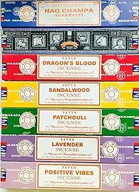 Satya Conjunto de presente de incenso Nag Champa, super hit, sangue de dragão, sândalo, patchouli, lavanda, vibrações positivas, 15 g