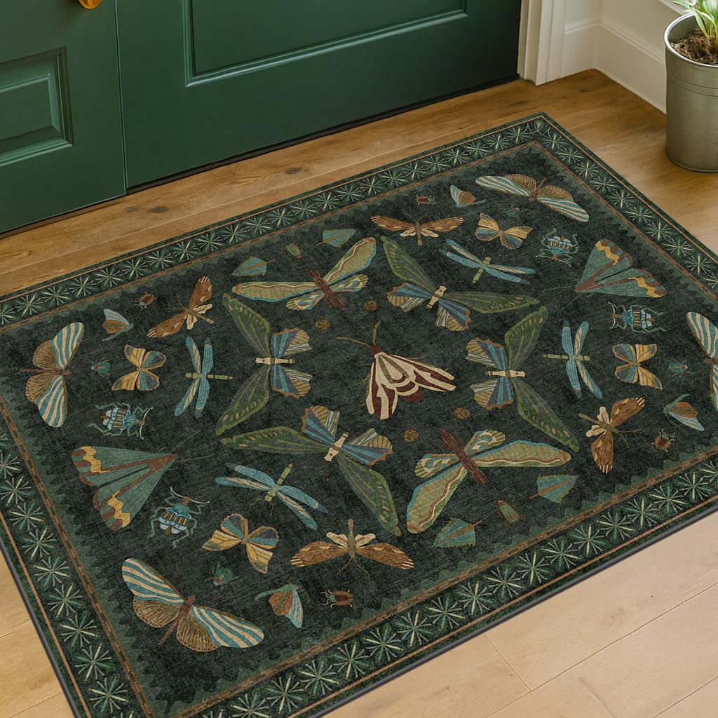 Hazo Haus 2x3 Entry Way Rugs Indoor - Dark Green Small Throw Rug for Kitchen Bathroom Insect Boho