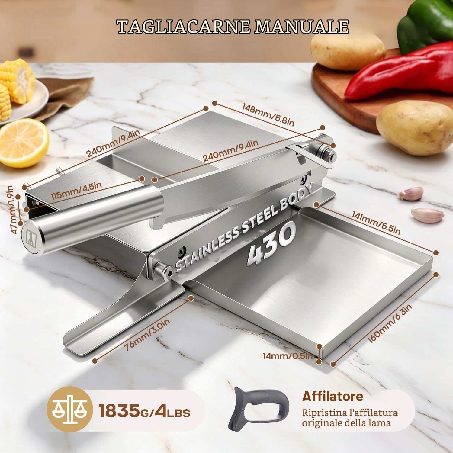 Moongiantgo Affettatrice Manuale, 0-45mm Spessore Regolabile, Acciaio Inox | Scala Amovibile, 19cm Lama, Biltong Slicer, Taglierina per Costolette, Carne Ossea,Erbe, Prosciutto, Verdure, Ginseng