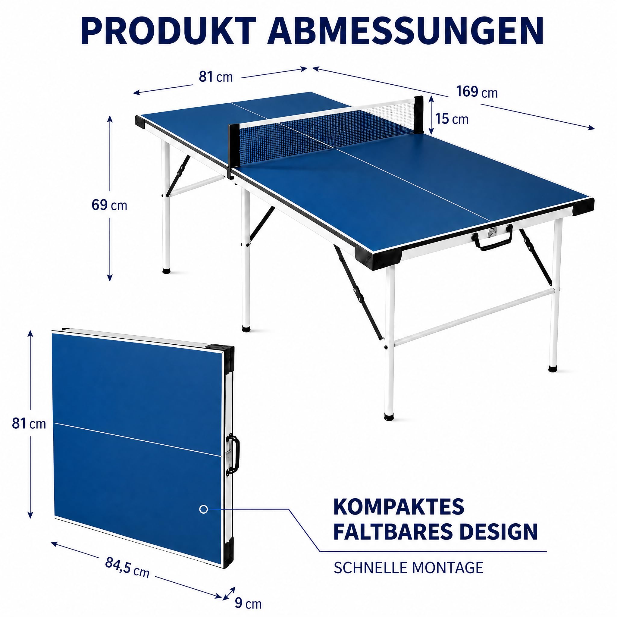 Tischtennisplatte 169cm Outdoor, Tischtennistisch Faltbar mit 6 Stützbeinen und Metallrahmen, Vormontierter Freizeitstisch Platte Stabil, Kompakte Sportplatte für Garten Terrasse Balkon
