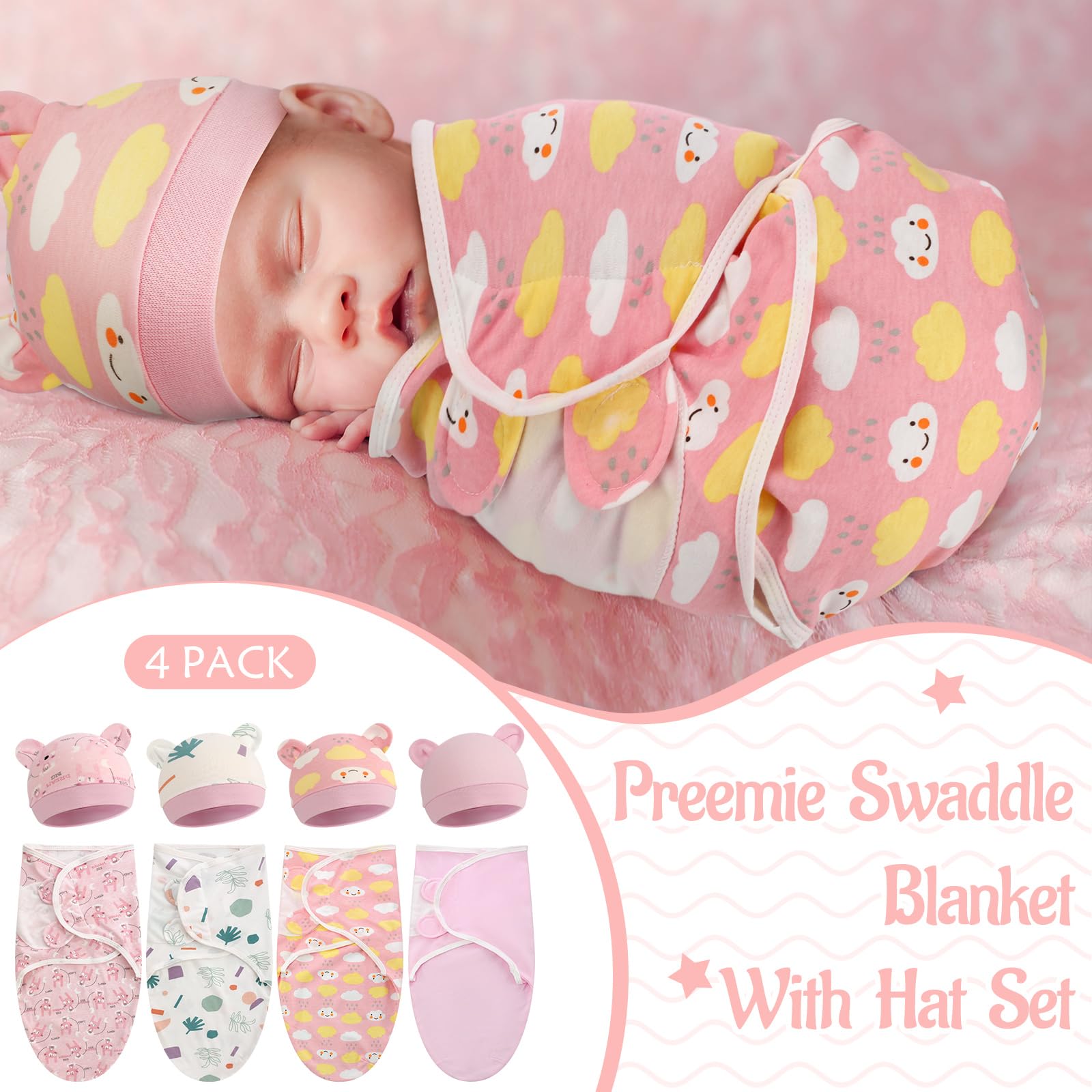 Namalu Preemie Wickeldecken-Set mit Mütze für Babys, Jungen und Mädchen, 1,4–3,2 kg, Frühchen, Neugeborene, Kleidung, Schlafanzug, Rosa, Boho, 4 Stück