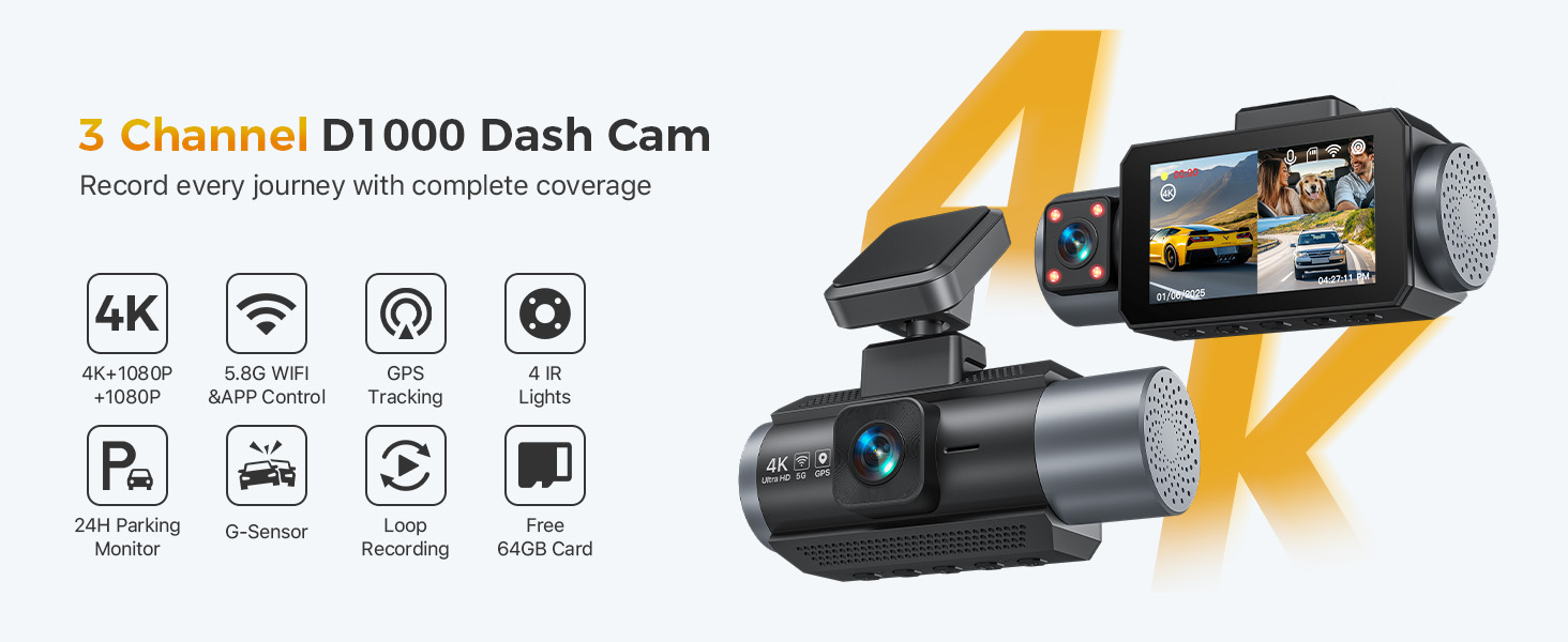 GKU 4K 3 Channel Dash Cam Built-in 5.8GHz WiFi & GPS, 4K+1080P+
