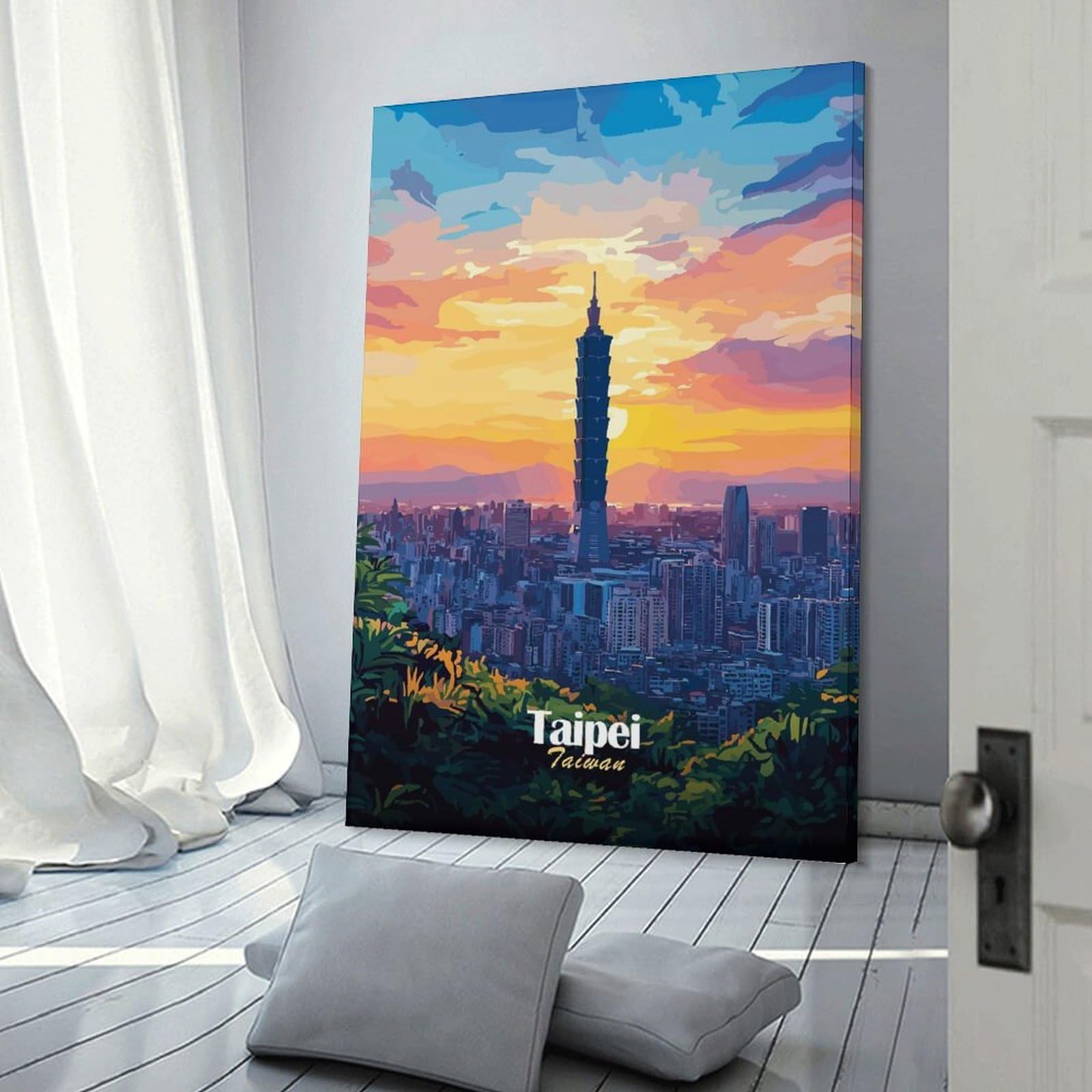 Junmoney Taipei Skyline Sunset Canvas Wall Decor, 20x30inch(50x75cm), for Apartment Walls, Studios Or Work Areas, Decorative Canvas Decor for Home Updates