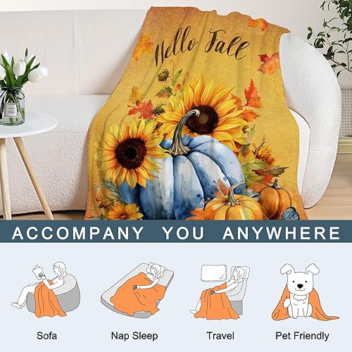 Miniatura 6 de Neatee Living Manta decorativa de otoño, color naranja, Acción de Gracias, otoño, azul, calabaza, girasol, para sofá, cama, ligera, mullida,