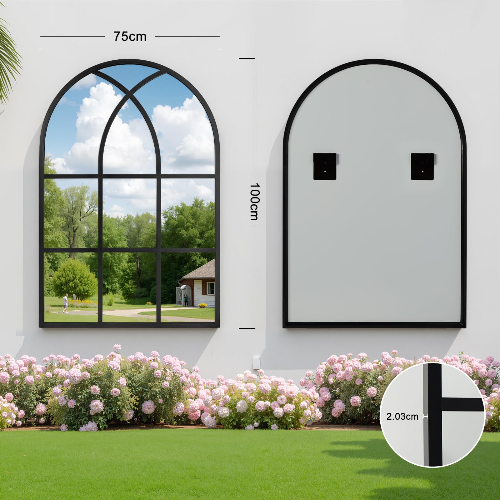 Reflix Espejo de ventana arqueado, 75 x 100 cm, espejos de pared para decoración de jardín al aire libre, espejo gótico envejecido con marco de aluminio para pasillo, sala de estar, dormitorio