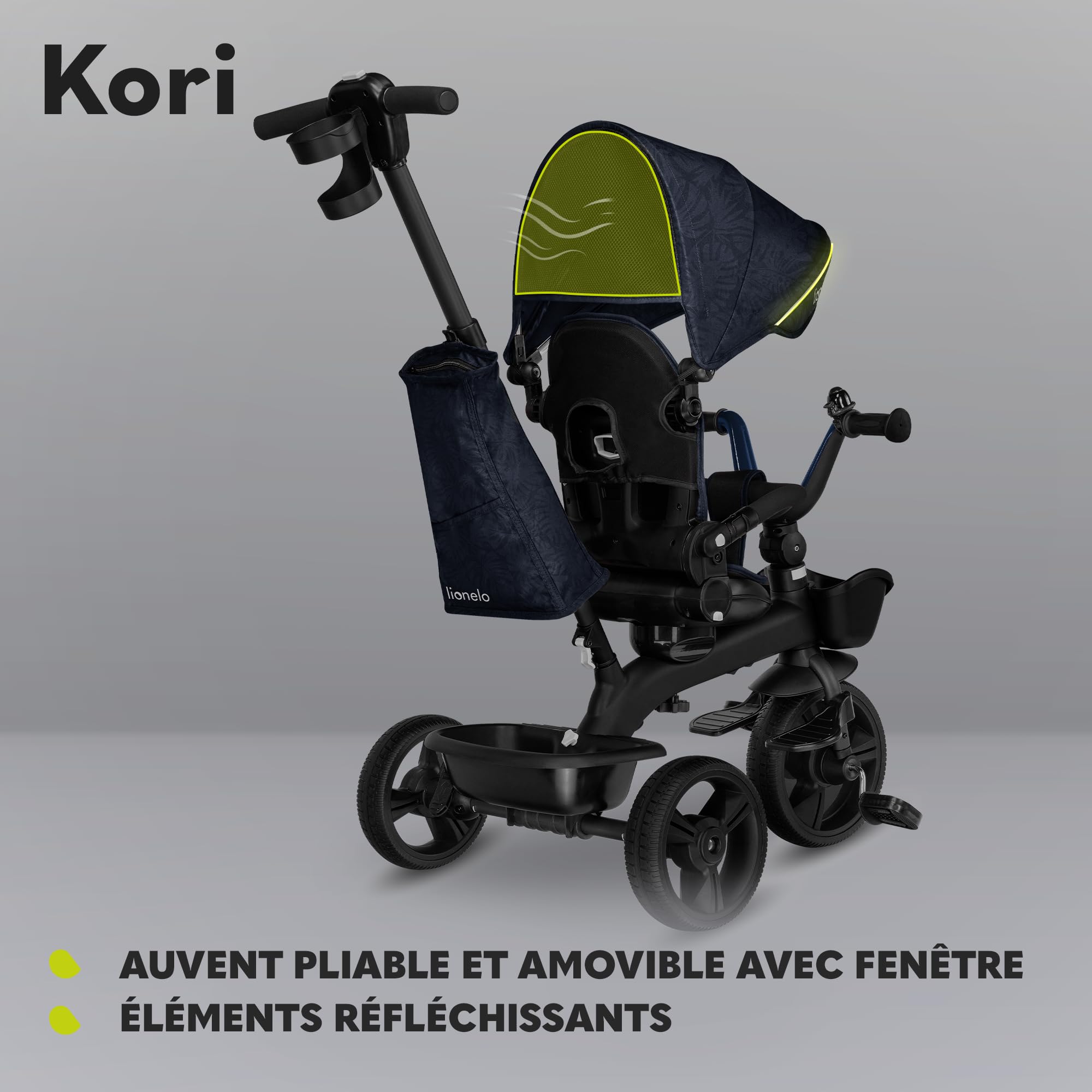 LIONELO Kori 2en1 Tricycle bébé évolutif de 1,5 jusqu'à 25 kg, siège Rotatif à 360 degrés, Roue Libre Dossier réglable, Porte-gobelet, Sac fermé, 2 paniers spacieux