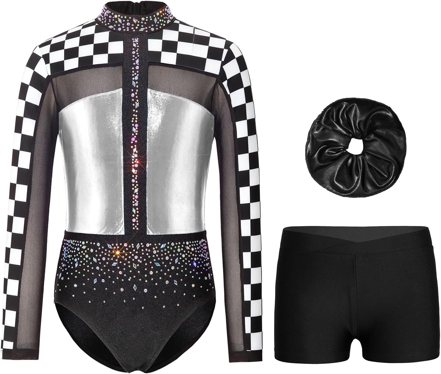 Girls 3 Pieces Gymnastics Set Ballet Unitards Printed Mesh Patchwork Long Sleeve Bodysuits Dancewear