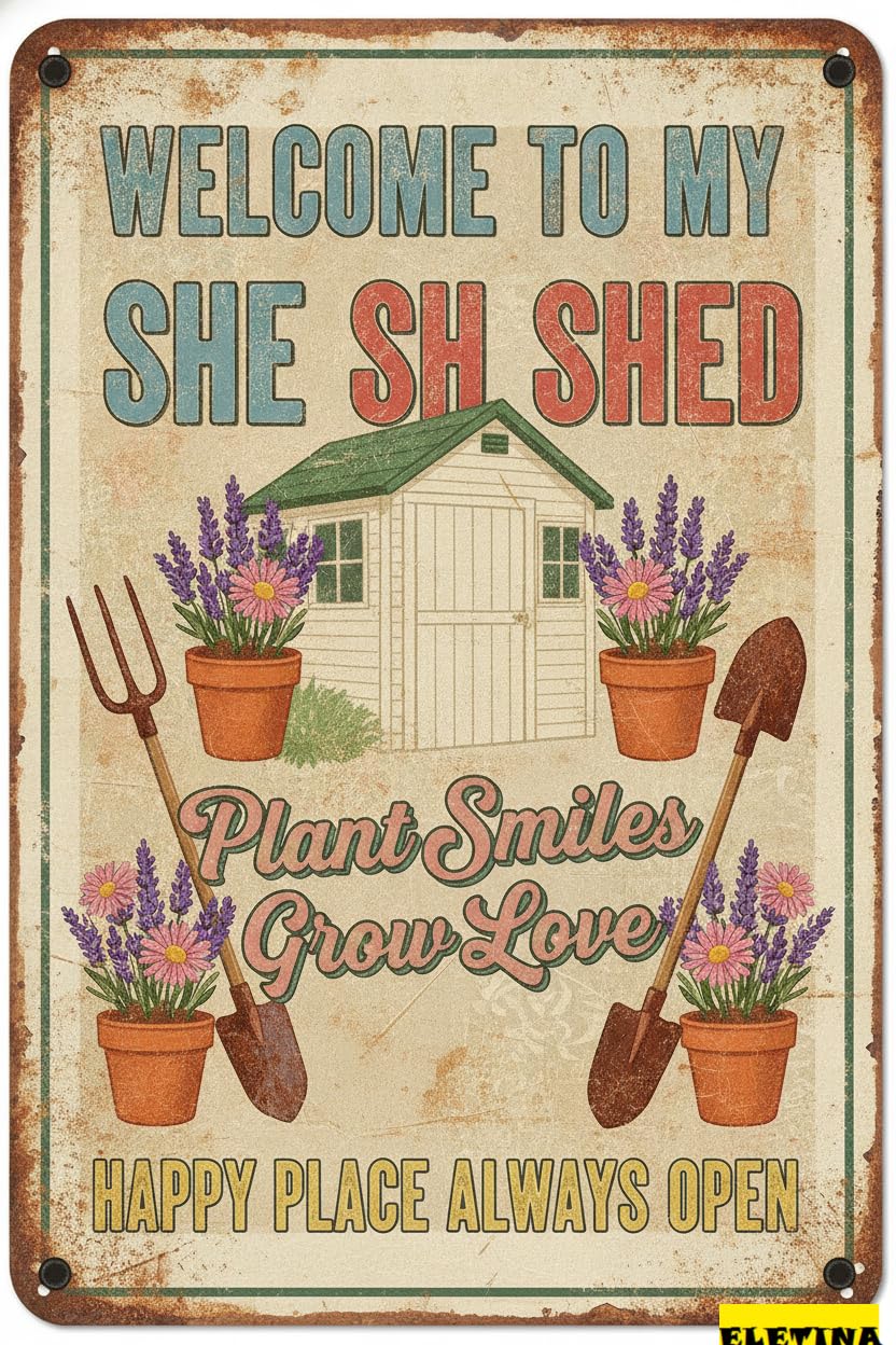 Welcome To My She Shed Rustic Farmhouse Vintage Tin Sign Gardening Gift Women Home Patio Yard 8x12in