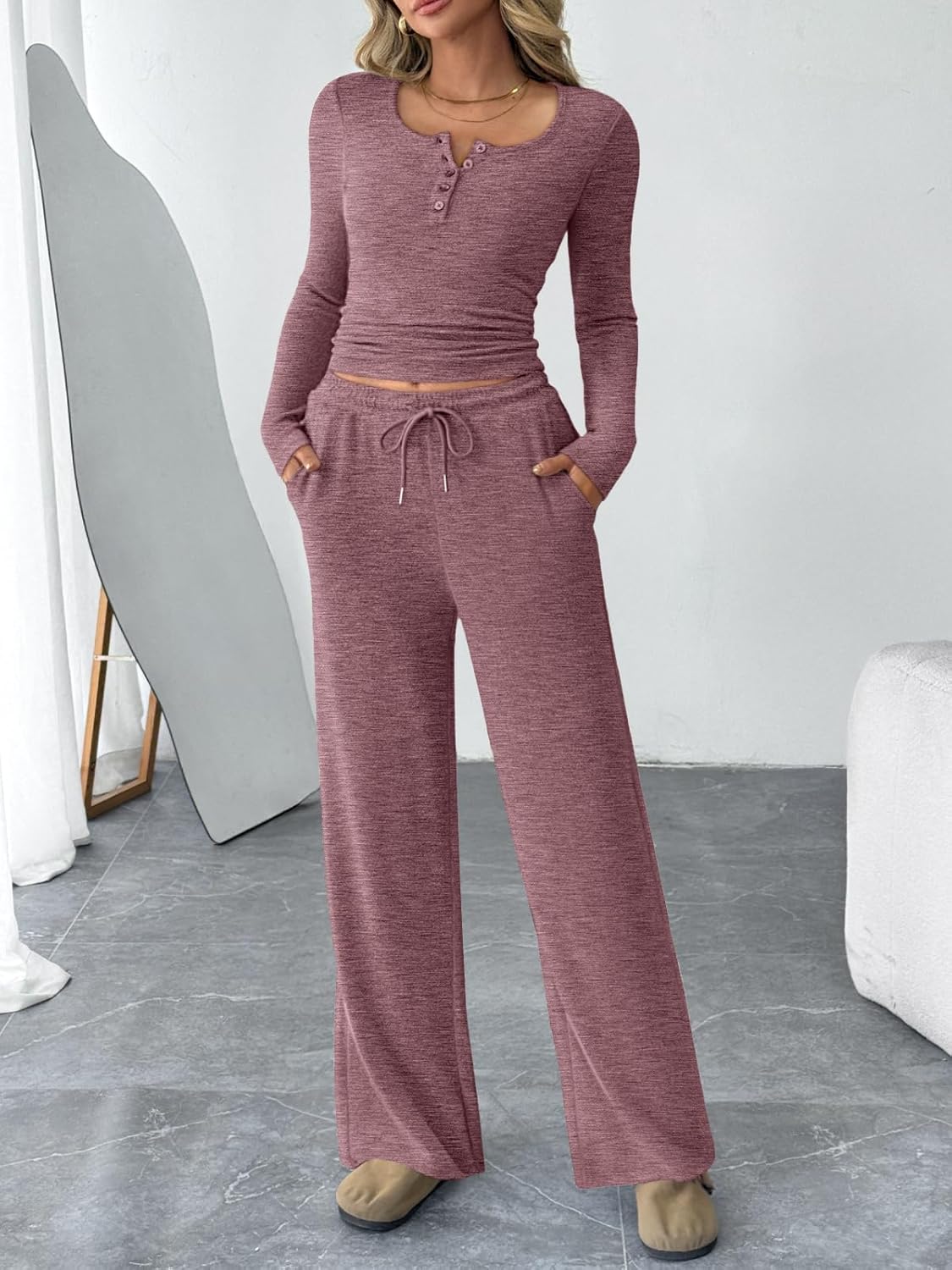 Trendy Queen Women's 2 Piece Matching Lounge Sets Fall Fashion Outfits Henley Neck Sweater Top Wide Leg Pants Sweat Suits - Image 2