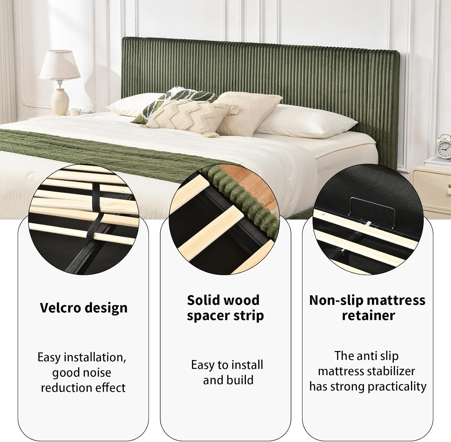 YUHUASHI King Size Storage Bed Frame, Vertical Striped headboard with Delicate Velvet Fabric, Hydraulic Lift for Storage, no Box Spring Needed, no Noise (Green, King (U.S. Standard))
