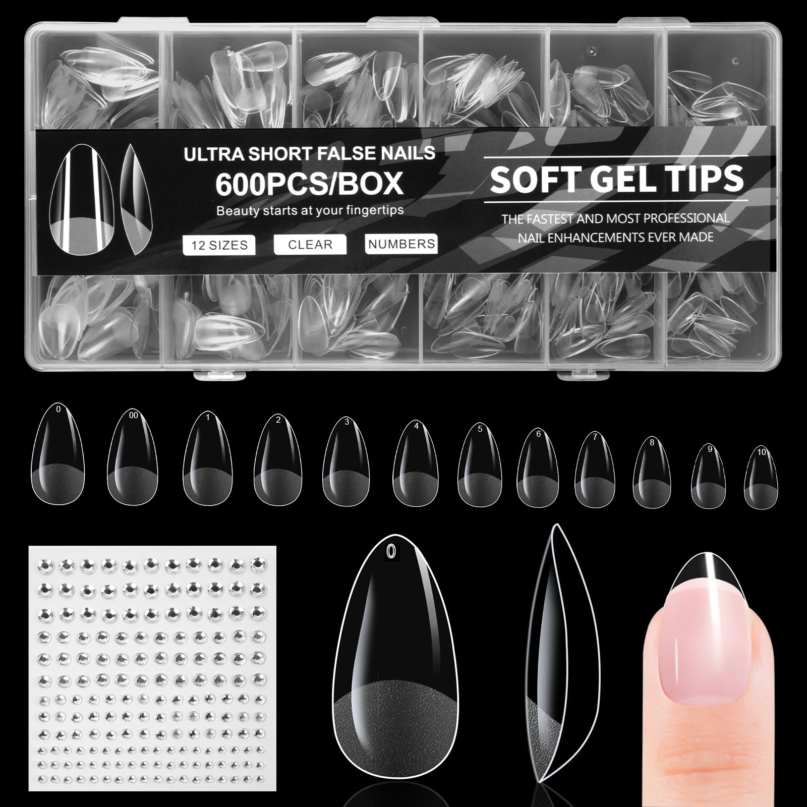 BUTBU Nail Tips, 600PCS Soft Gel Full Cover Nail-Tip, Press on Fase Artificial Nails Tips, Clear Acrylic Nails Tips, 12 Sizes NAIL Extensions Kit for DIY Manicure Nail Art Salon (Short Almond 02)