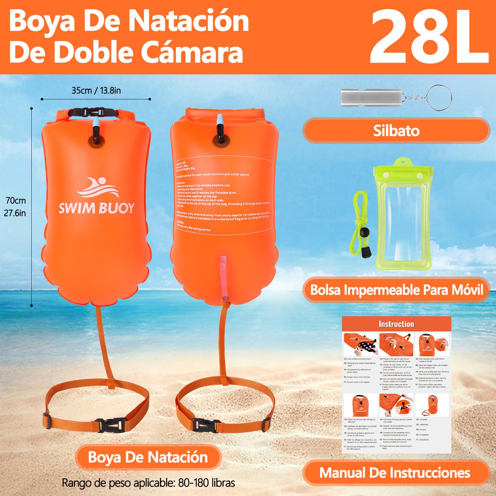 Aragallant 28L Boya de Natación Inflable, Bolsa Impermeable Seca, Flotadora Inflable con Cinturón Ajustable para Deportes Acuáticos, Kayakistas, Surfistas, Canotaje