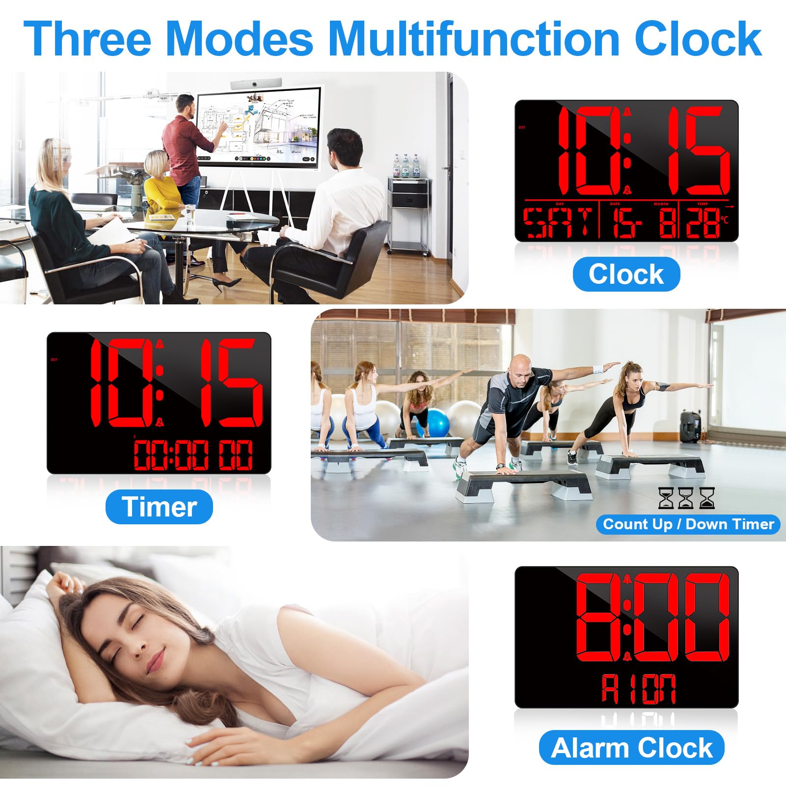 Grande horloge murale numérique LED de 33 cm avec télécommande, synchronisation Bluetooth, 25 sonneries, température, date et jour de la semaine, double alarme, luminosité automatique, DST