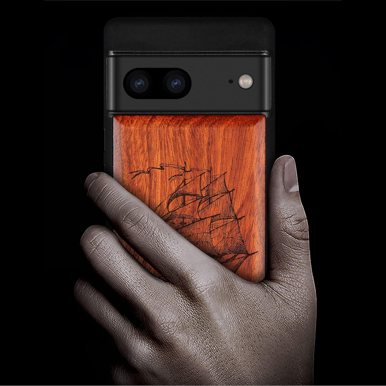 Carveit Wood Case for Pixel 7 Case [Natural Wood & Black Soft TPU] Shockproof Protective Unique & Classy Wooden Cover Compatible with Google Pixel 7 (Pirate Ship-Rosy)