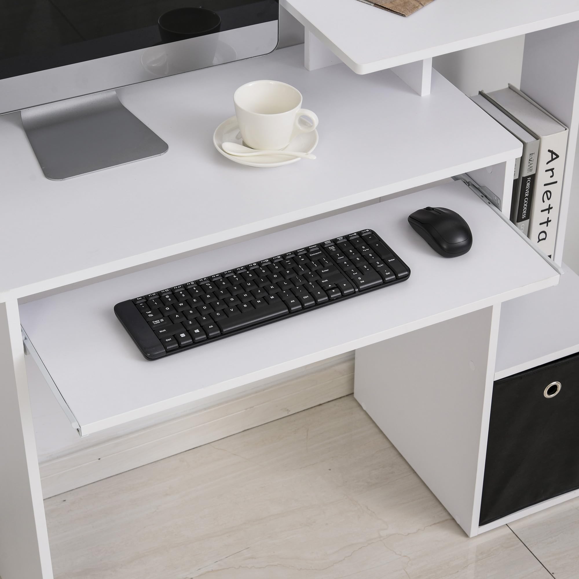 HOMCOM Scrivania Moderna Porta PC con Ripiano 100x40x86.6cm Bianco e Nero | Scrivania per Computer, Mensola Porta Tastiera, Cassetto in Tessuto