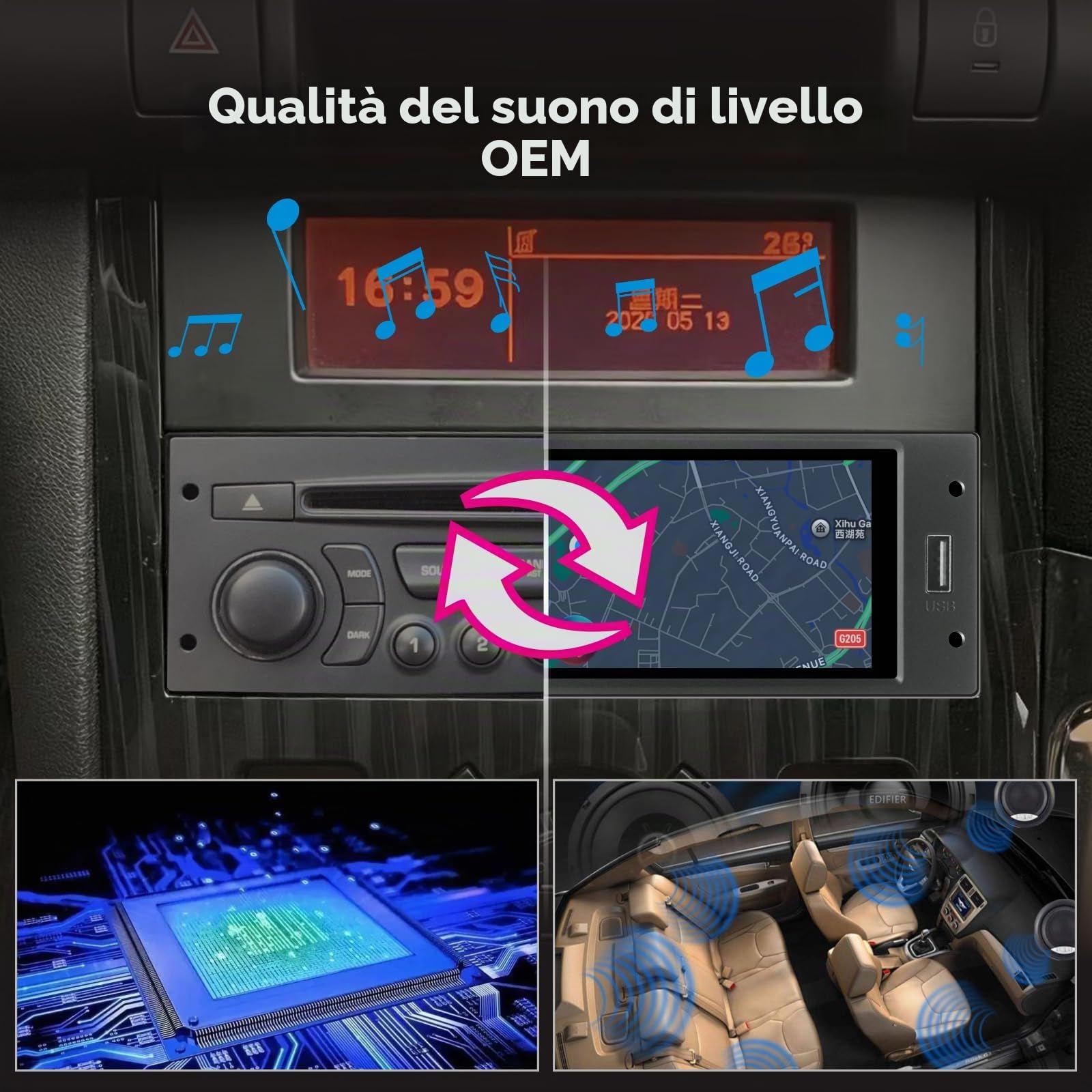 Singolo DIN Autoradio Linux per Peugeot 206 207 308 3008 Citroën C2 C3 C4 Picasso con CarPlay Wireless e Android Auto, avvio in 2 secondi, comandi fisici tramite manopola, installazione Plug Play