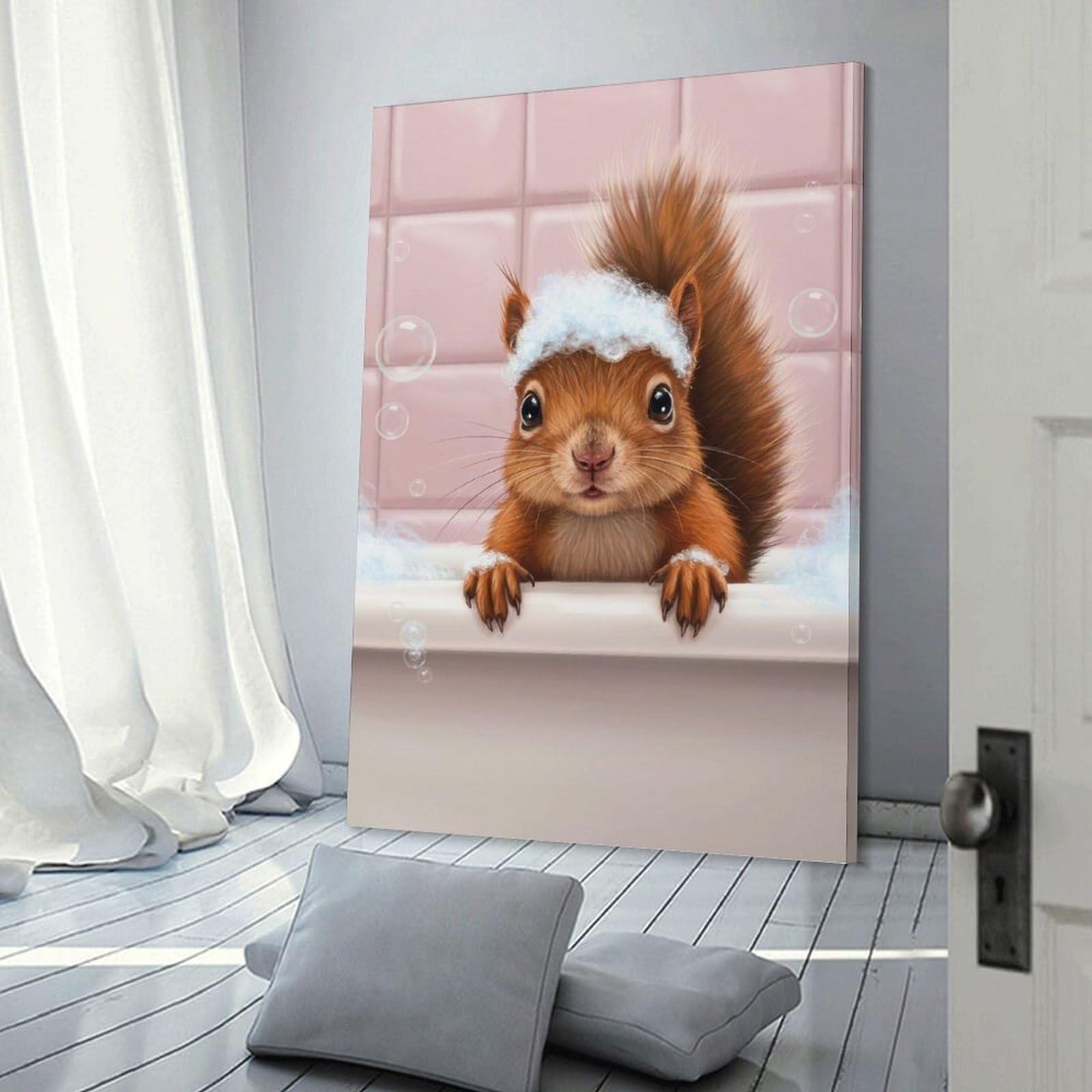 Junmoney Frame-Style-13 Squirrel In Bathtub With Bubbles Home Decor Wall Art 08X12inch(20X30cm), For Bedroom, Guest Room Or Reading Nook, Decorative Wall Art For Cosy Rooms
