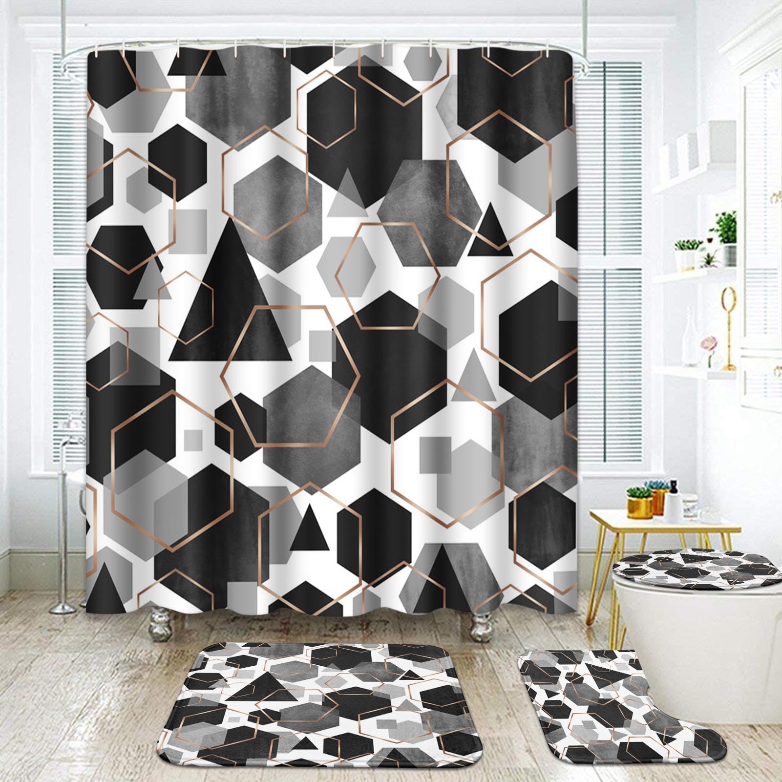 Arttown Grey Bathroom Set with Shower Curtain and Rugs and Accessories, Black Honeycomb Geometric Shower Curtains, Modern Art Bathroom Decor 4 Pcs
