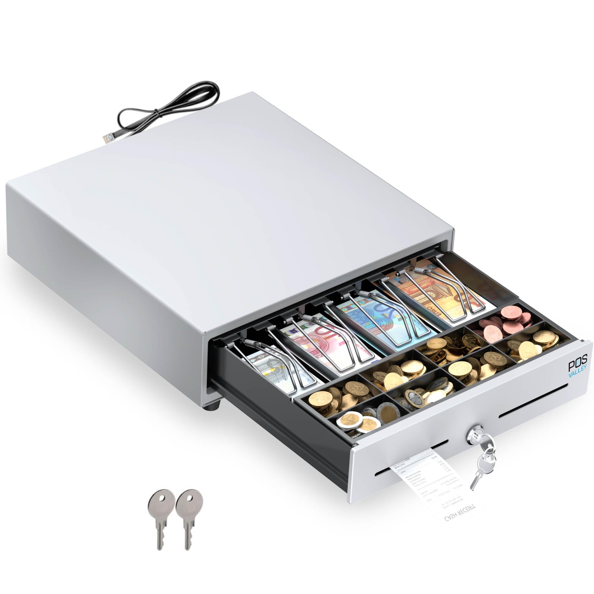 Mini Cajón Caja Registradora Pequeño, Apertura Automática RJ11 y Llave, Inserto para Efectivo 4 Billetes y 8 Monedas (Euro), 33x33 cm (Blanco)