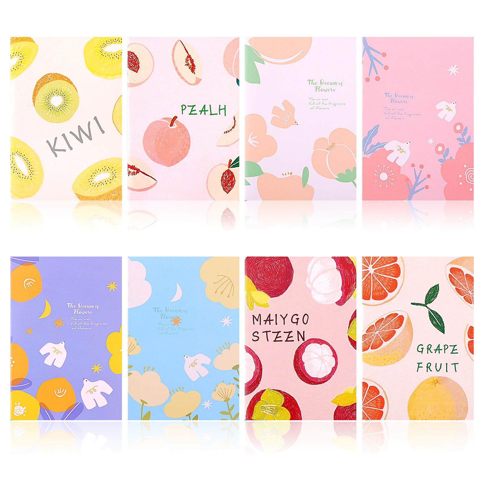 Abeillo 8Pcs Small Notebooks Journal, Funny Fruit Floral Journals Notepads Small Pocket Notebook Set Brightly Cute Notepad for School Office Gift Bulk Prizes Travel Supplies
