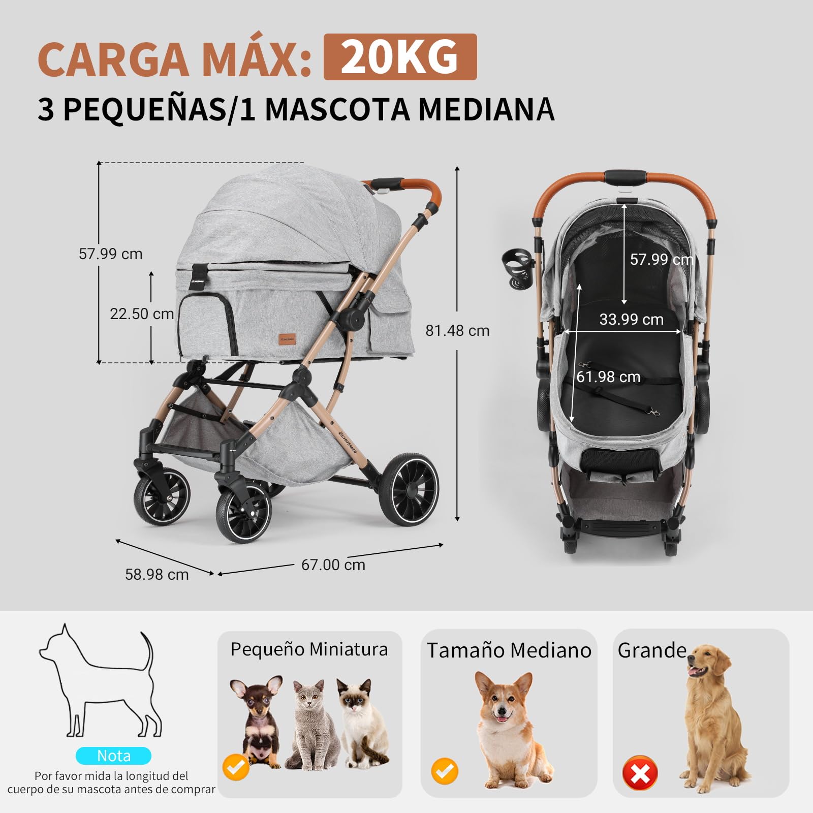 EchoSmile Carrito para Perros y Gatos Plegable con un Botón, Carro Perro 20 kg, Coche para Perros con Mango Reversible, Absorción de Impactos y Almohadilla Lavable Extraíble (Gris)