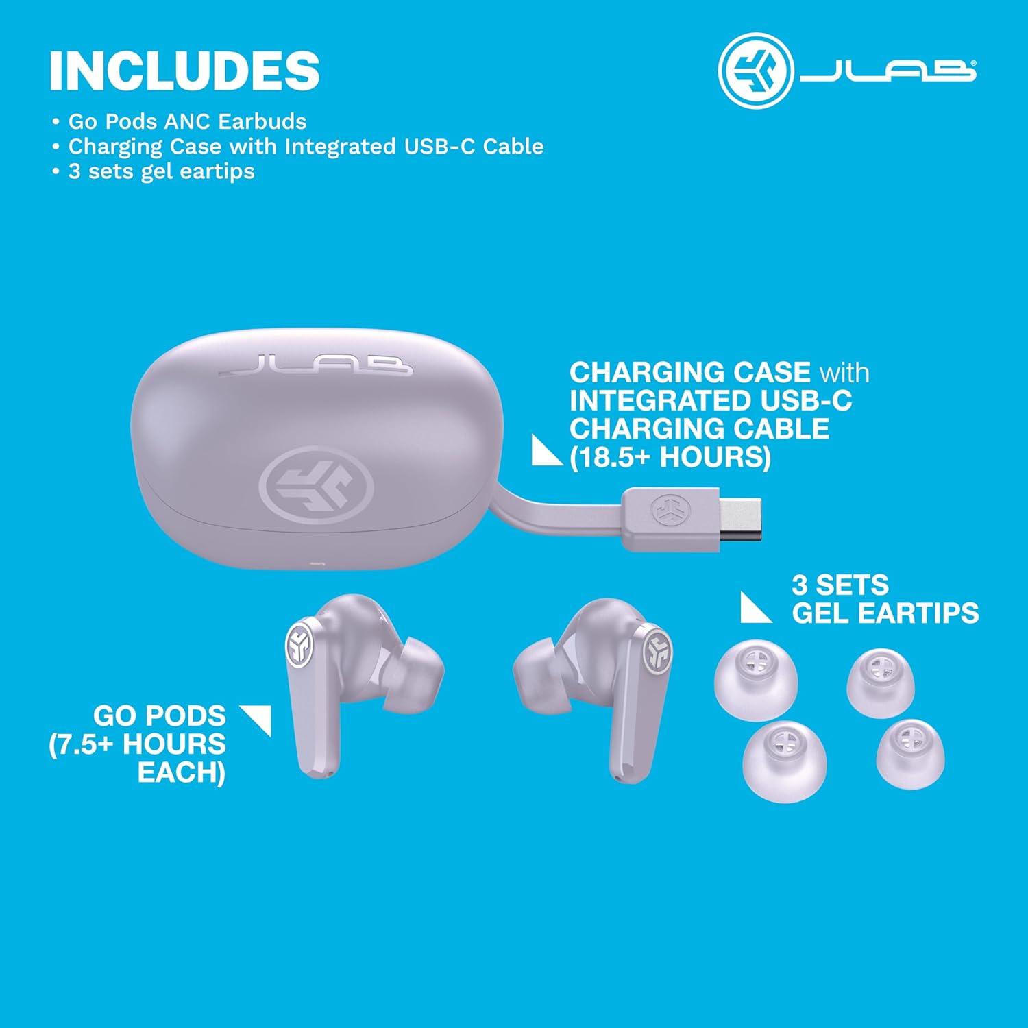 JLab Go Pods ANC True Wireless Bluetooth Earbuds & Charging Case, Hybrid Active Noise canceling + Be Aware for Safe Listening, 26+ Hours Total Playtime, Clear Calls, Custom Sound via App, Lilac - Image 9