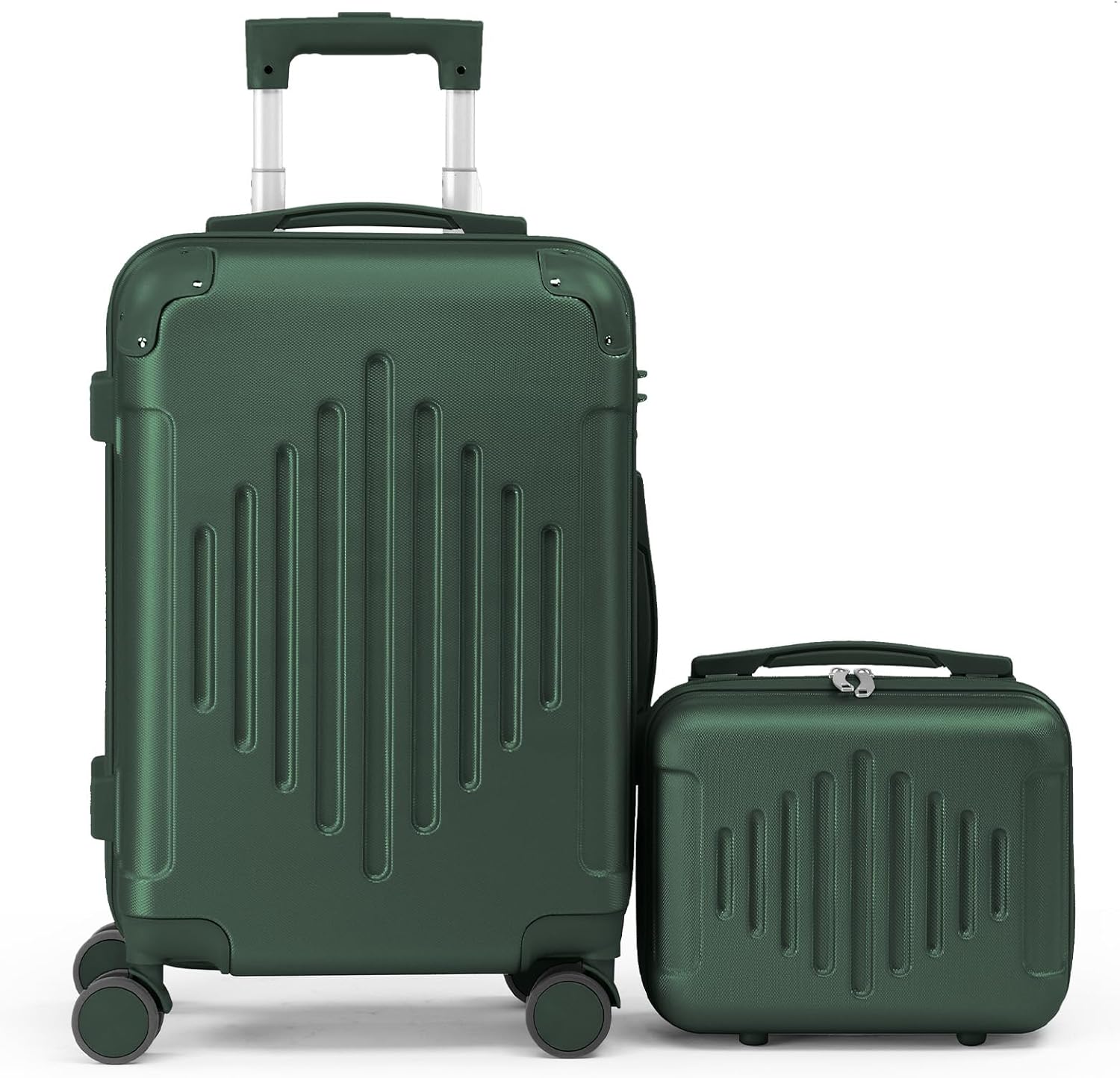 LEADZM Set of 3 Travel Suitcases, Large Suitcase, Cabin Suitcase, Travel Luggage Set, ABS with Reinforced Corners and Vertical Stripes in the Shape of a Rhombus – Black, Dark Green-2