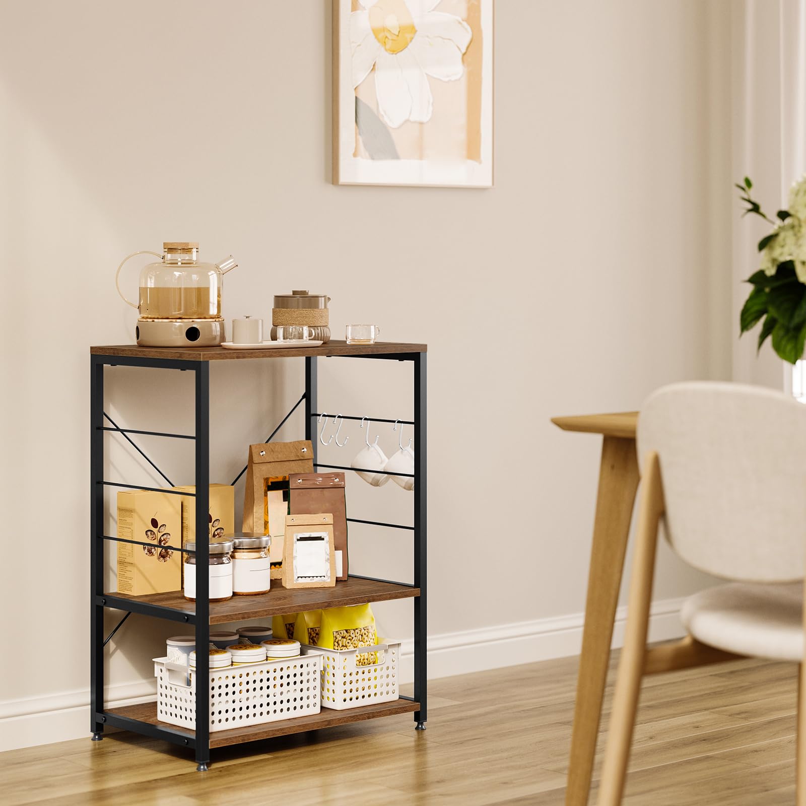 WOLTU Scaffale per Cucina Carrello per Microonde Forno a 3 Ripiani in Metallo e Legno Scaffalature Fioriera Multiuso, Effetto Legno Vintage