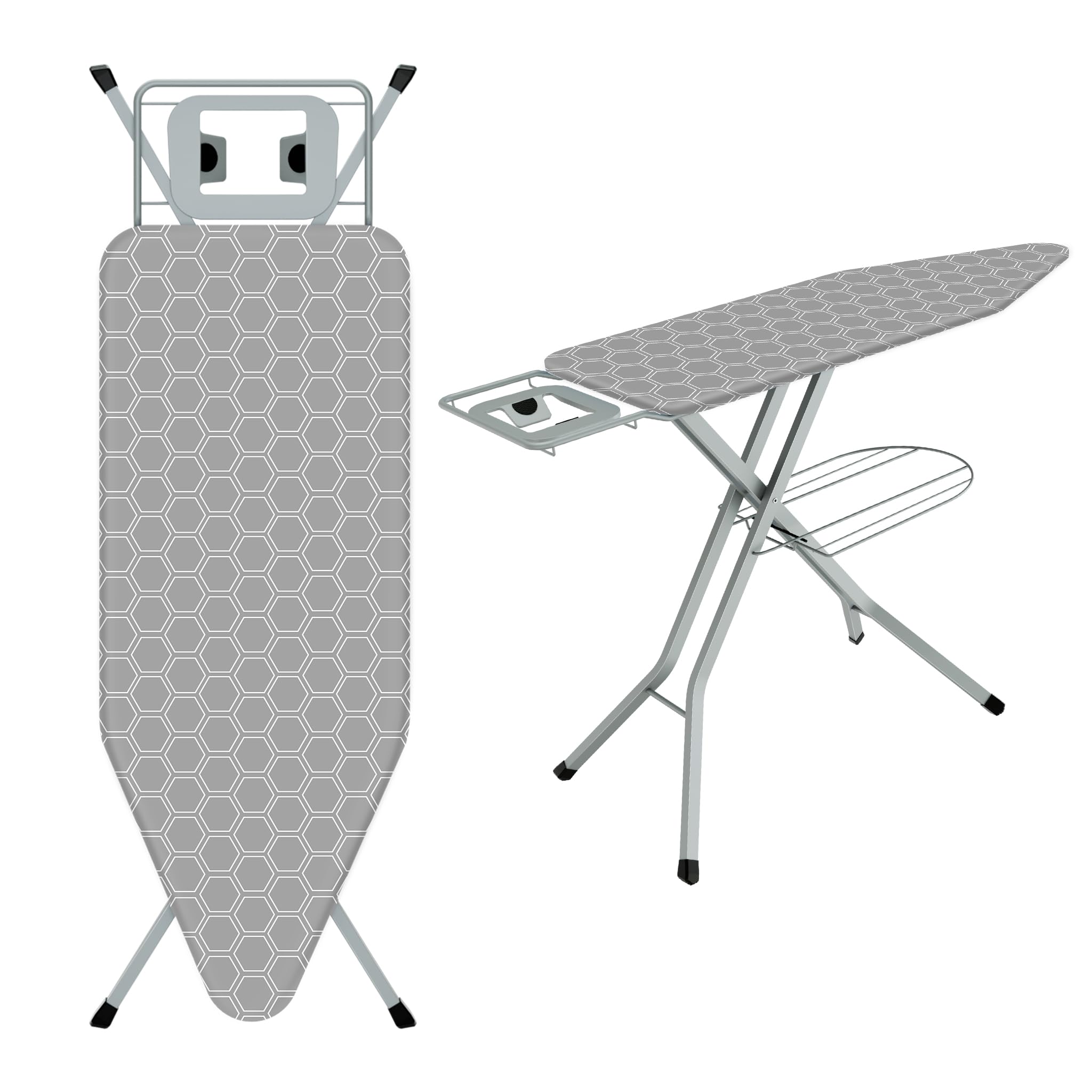 TEENO Folding Ironing Board, 120 x 45 cm Ironing Surface, Adjustable Height (72-92 cm), Silicone Iron Rest, Safety Lock, Anti-Skid Feet, Foldable Ironing Boards for Home (Honeycomb Grey, 120 × 45cm)