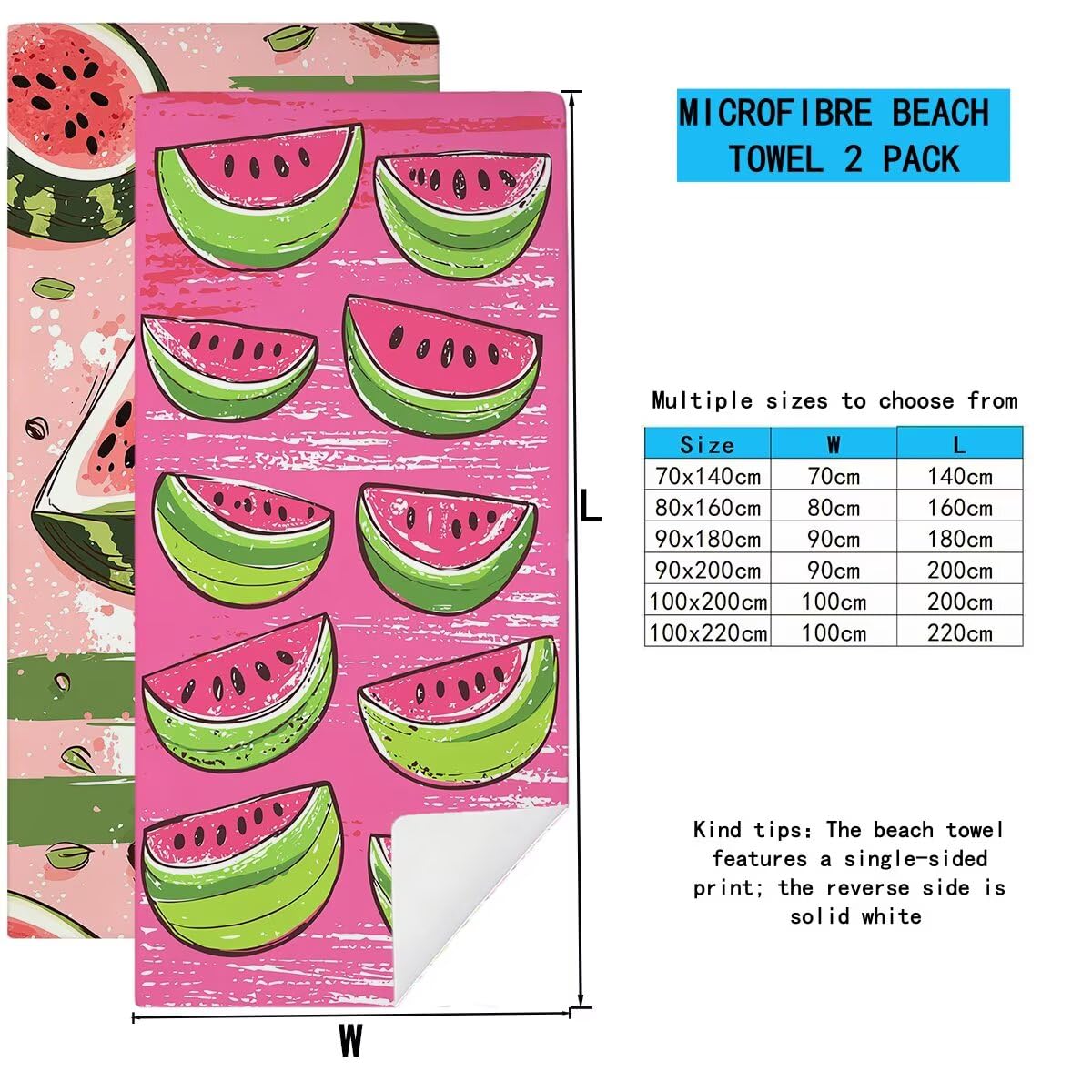 Telo Mare Microfibra, Telo Mare Grande 100x200cm 2 Pezzi, Asciugamano Palestra Donna Asciugatura Rapida, Antisabbia Asciugamano Microfibra, Leggero Asciugamani Palestra per Regalo (Anguria) -4340