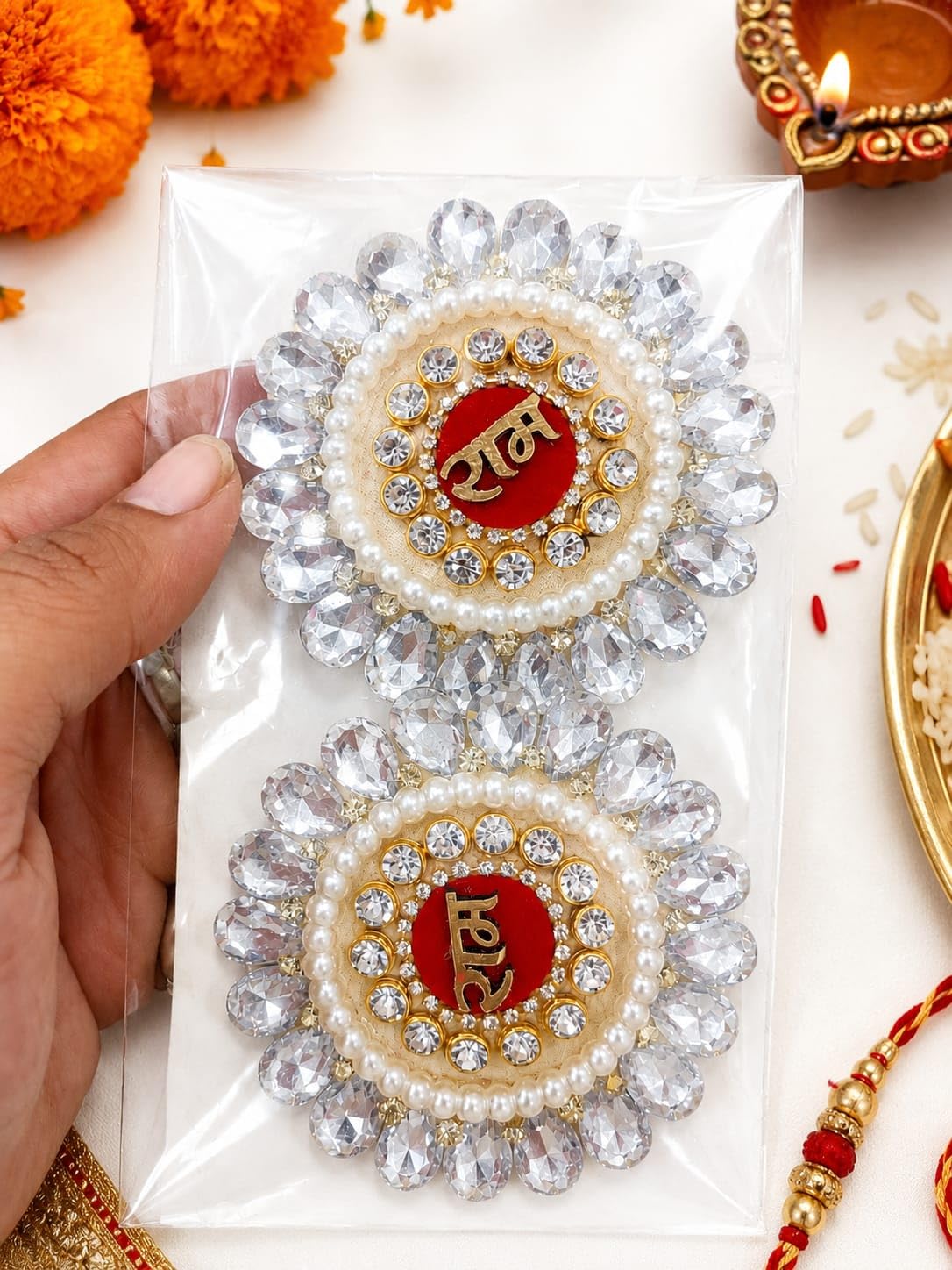 Ram NAM Crystal Pearl Embellished Decorative Pooja Chakri, Red and White, Set of 2-image-19