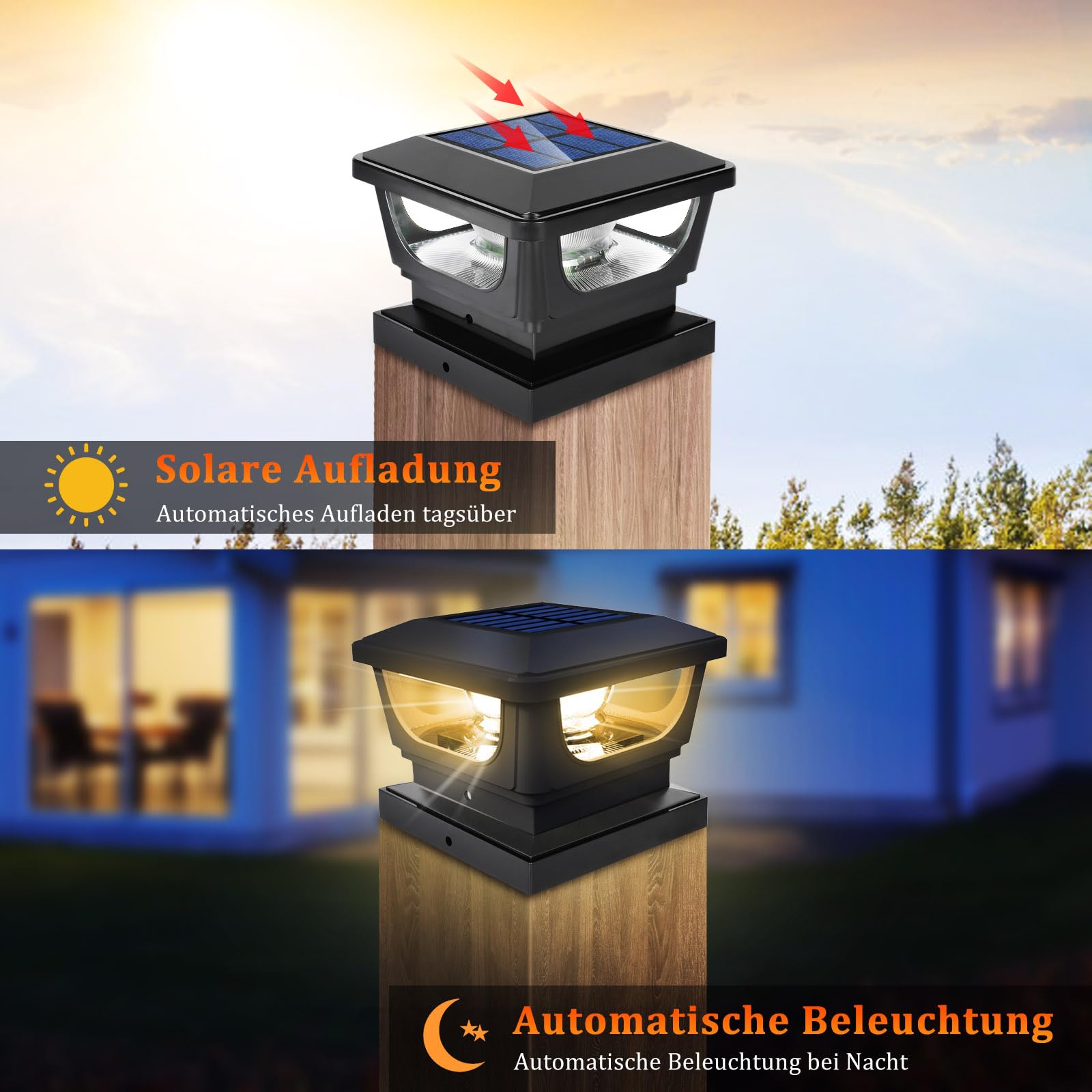 Solar Pfostenkappe IP65 Wasserdicht 3000K Warmweiss 7x7 8x8 9x9 10x10 Zaunbeleuchtung (4 Stück)