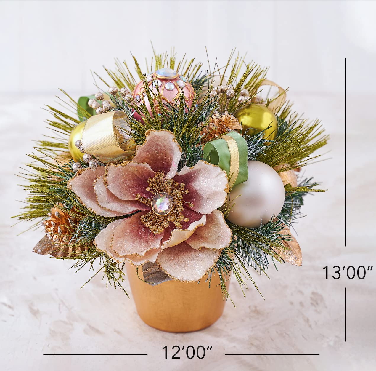 Holiday Tree Christmas Centerpiece - Blush Magnolia Arrangement with Pot Handcrafted - Jeweled Glittery Magnolia, Golden Pinecone, Ribbon, and Greenery Pine Needle (13