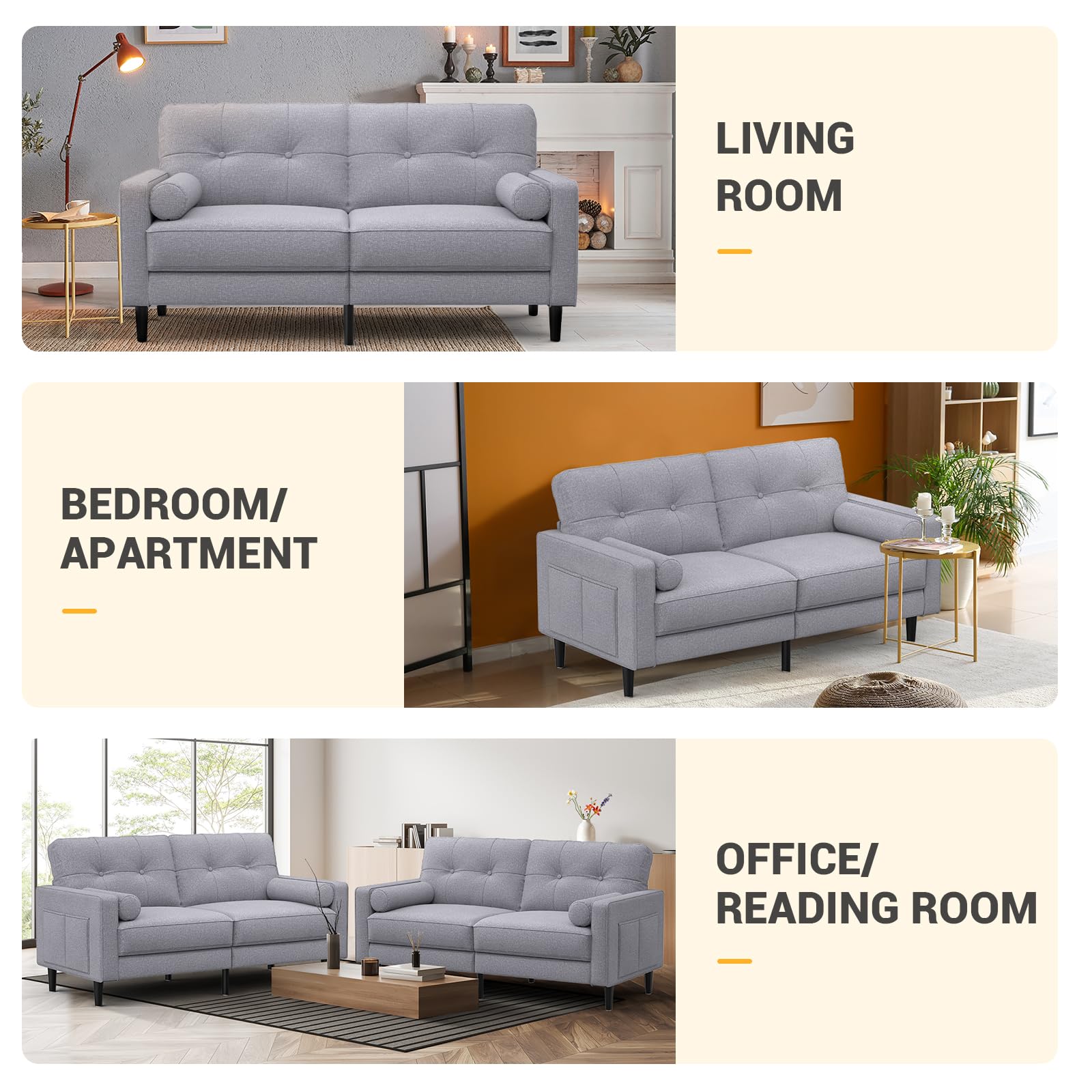 2-Sitzer Sofa, Dicke Kissen, 2 Kissen & Taschen (Grau) | Bequemes Leinen-Sofa, 2-Sitzer mit 2 Kissen, Seitentaschen, Ergonomisches Design & Einfache Montage für Wohnzimmer & Büro