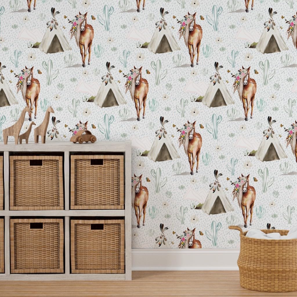 Peel & Stick Wallpaper 3ft x 2ft - Spring Boho Floral Horse Rain Feathers Western Palomino Custom Removable Wallpaper by Spoonflower