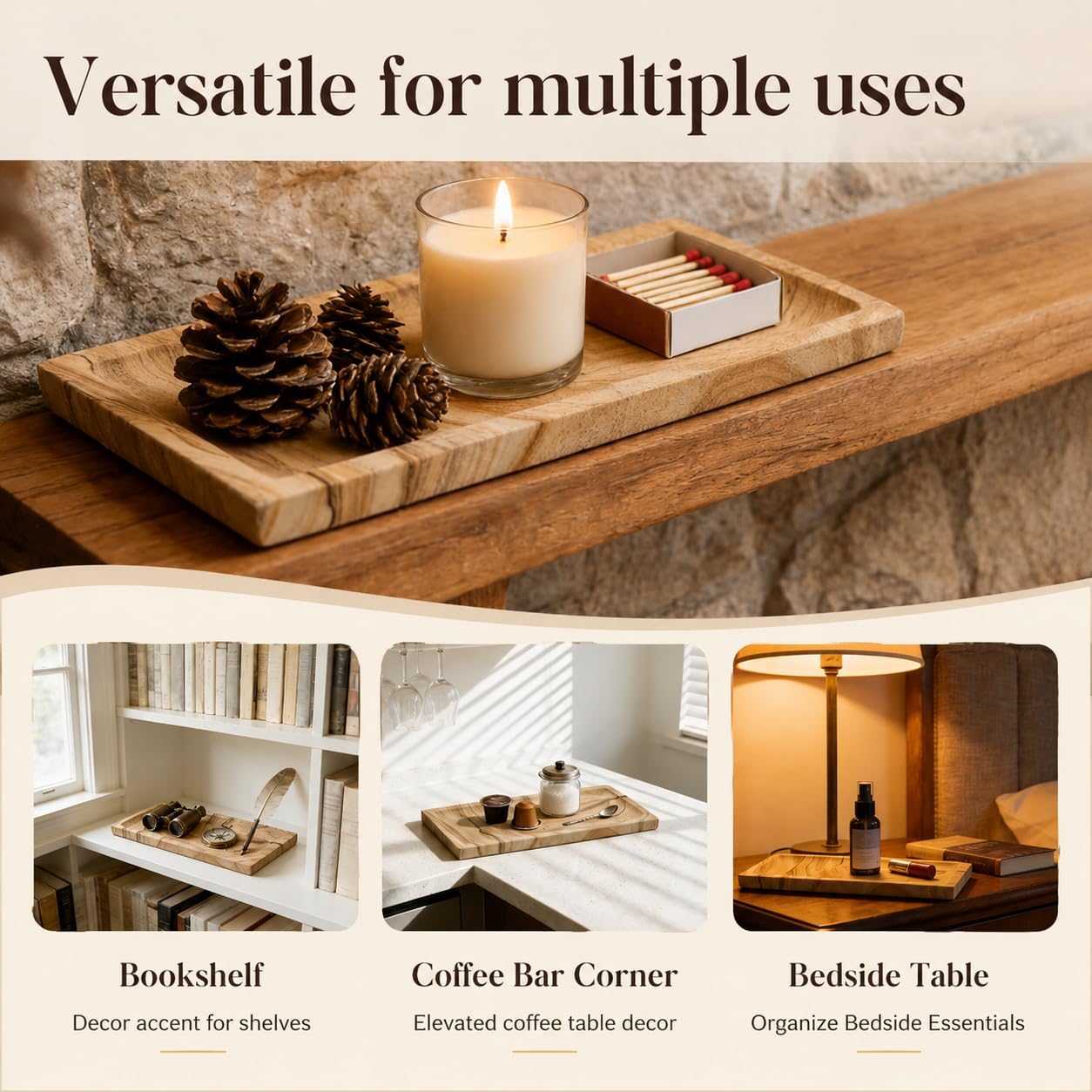 Sandstone Tray for Bathroom Countertop, Rectangular Stone Decorative Tray, Vanity Tray for Makeup, Perfume, Skincare, Jewelry & Bathroom Accessories (Earth Tone)
