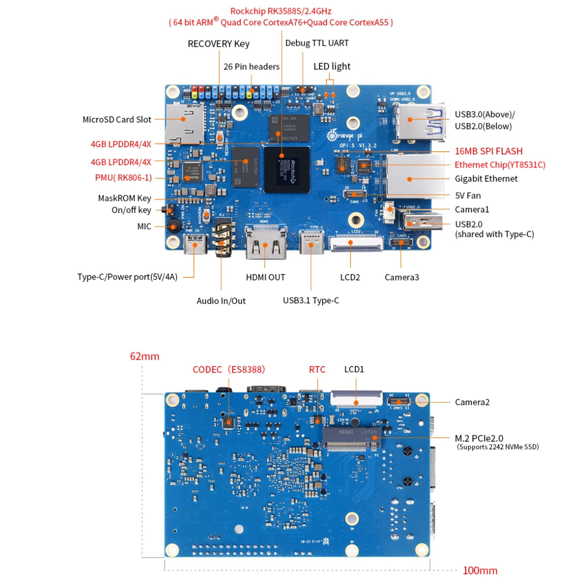 Pomarańczowy komputer jednopłytkowy Pi 5 z RK3588S, 4 GB/8 GB/16 GB RAM, moduł PCIE, zewnętrzna obsługa SSD, zasilacz 5 V 4 A, metalowa obudowa, Android Debian OS (pojedyncza płyta 16 GB + zasilanie +