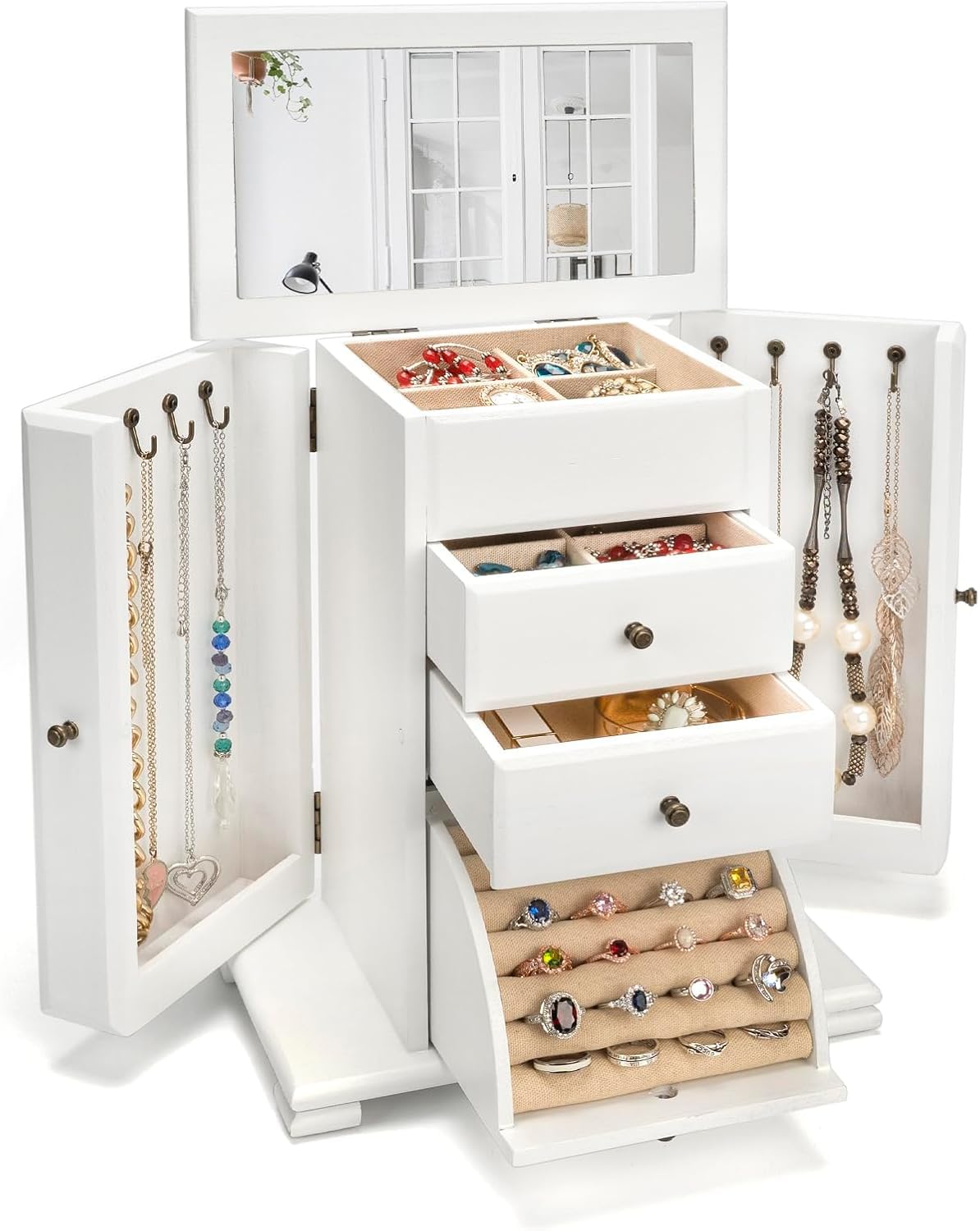 Joyero de mujer, caja joyero con 4 capas y 1 espejo, joyero grande de madera para dormitorio, collar, anillo, pendientes, pulsera, gafas (blanco)