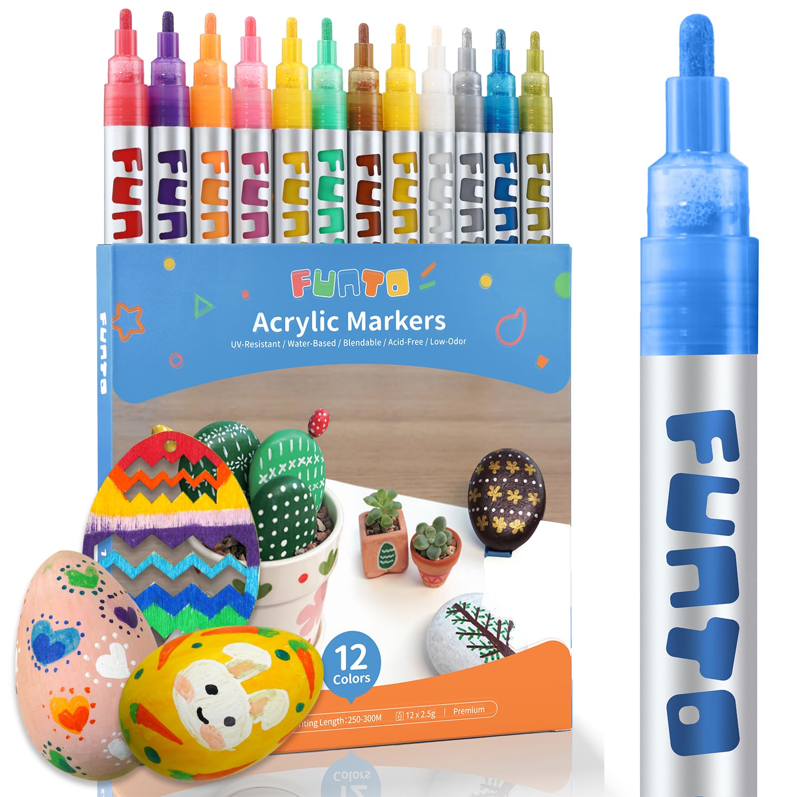 - Funto Acrylic Paint Pens for Rock Painting, Fabric, Wood, Canvas, Metal, Ceramic, Glass, 12 Colors Paint Marker Set, Non-Toxic, Quick Drying