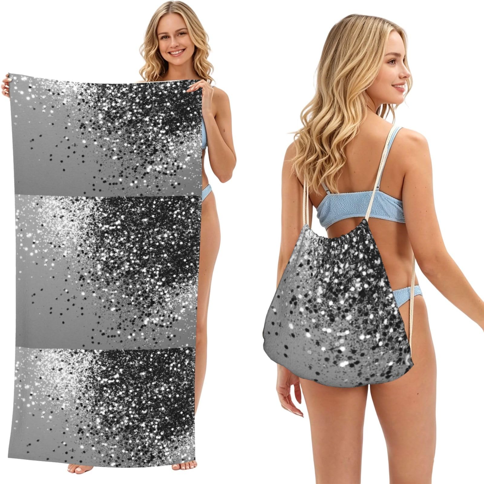 Poadnly As Picture Sparkling Silver Gray, 2 In 1 Packable Towel Bag, Beach Towels With Drawstring Backpack For Travel Holiday Camping