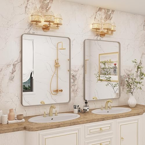 Miniatura 4 de VANLIO Espejo de baño cepillado plateado, espejo con marco de metal plateado de 24 x 32 pulgadas para tocador, espejo de pared moderno rectangular
