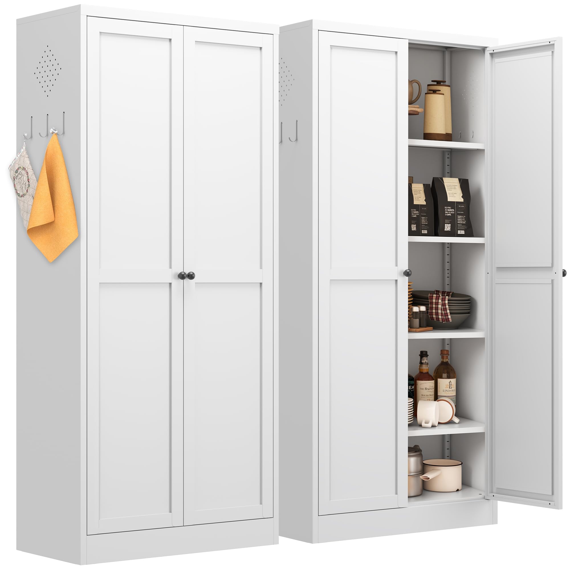 IKIMI 61" Metal Storage Cabinet with 2 Doors and 4 Adjustable Shelves,Steel Filing Cabinets 5-Tier Tool Cabinet,Sideboard Pantry Cabinet,White Cupboard Organizer for Garage Office Kitchen Bathroom