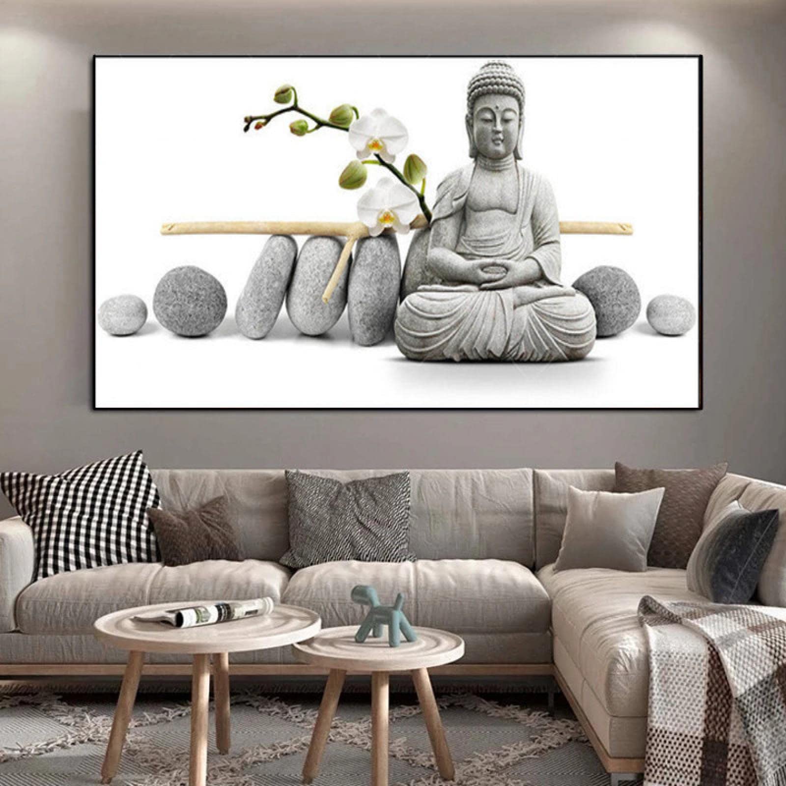Meditar Buda blanco y pocas piedras Estatua tallada Pósters e impresiones Budismo Lienzo Pintura Arte de la pared Imágenes Decoración de la habitación 90x180cm (35x71in) con marco