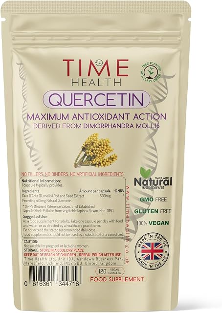 Quercetin Capsules - Naturally Derived - Maximum Antioxidant Action - UK Made - Free from Synthetic Additives - Vegan - Pullulan (120 Capsule Pouch)